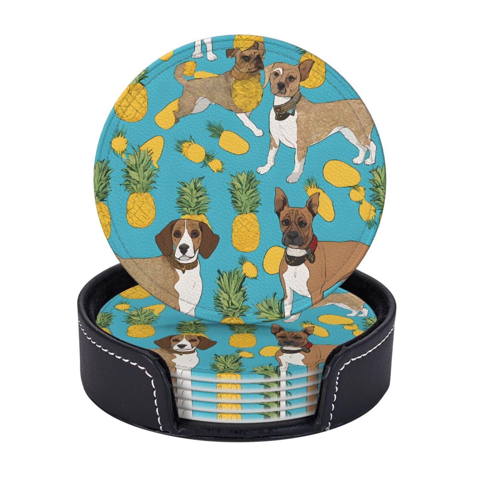 Coasters Set of 6 Microfiber PU leather Coasters with Holders for Drinks Coffee Bar Accessories, House Apartment Coffee Table Decor, Housewarming Gifts - Chihuahua Dog Pine