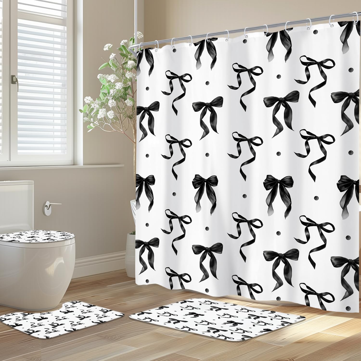 Newsely 4Pcs Black White Bow Shower Curtain Set with Non-Slip Rugs, Toilet Lid Cover and Bath Mat, Coquette Bownot Girly Modern Shower Curtain with 12 Hooks, Vintage Bath Curtain for Bathroom Decor