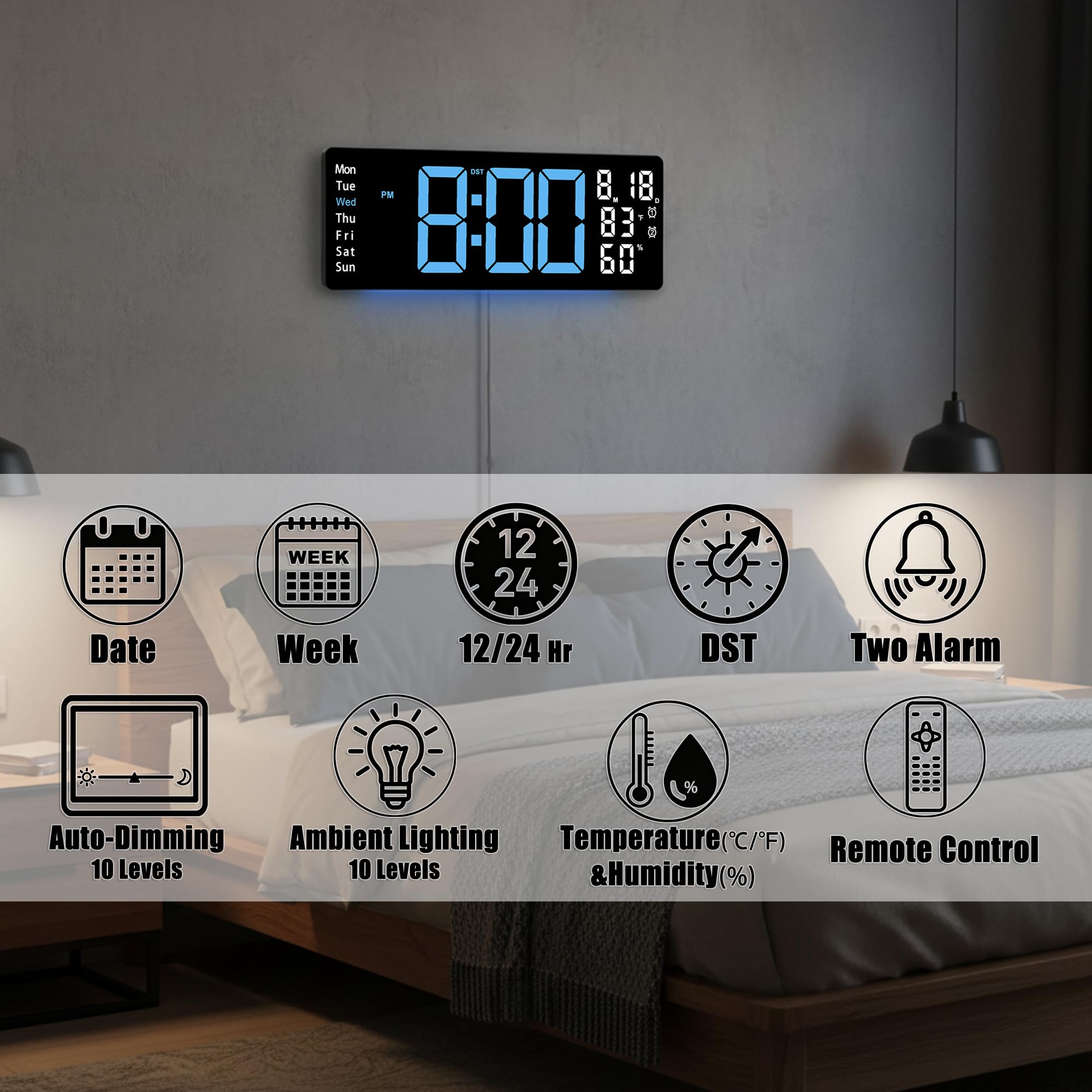 Horloge murale numérique LED bleue de 44,5 cm avec 8 couleurs de lumière ambiante | Affichage de l'heure, de la date, du jour, de la température et de l'humidité, deux alarmes, compte à rebours et