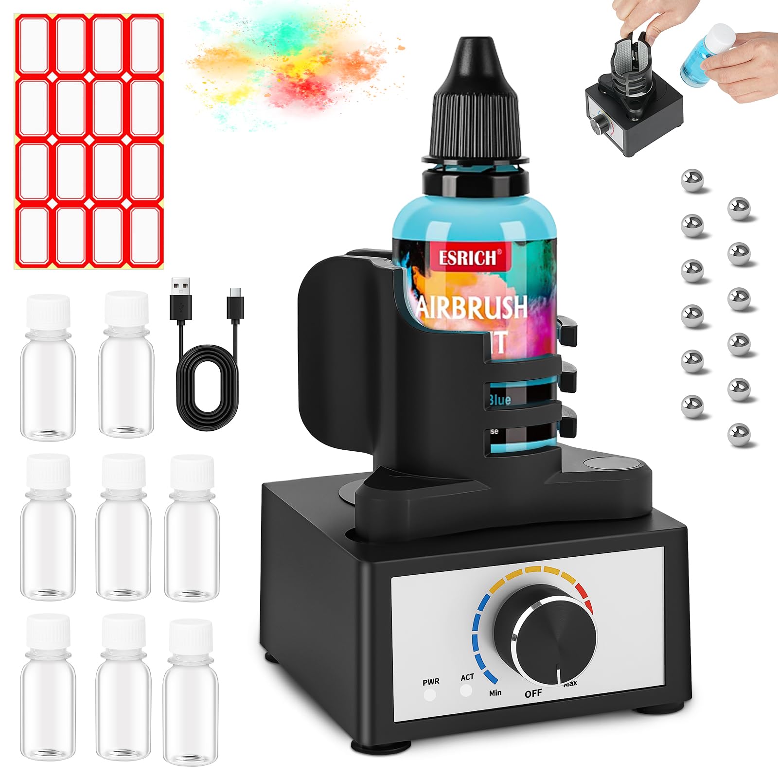 HOTUT Mini Mezclador Vórtice Manos Libres,Ajuste De 3 Velocidades,Agitador De Pintura Modelo DIY con 12 bolas mezcladoras y 8 botellas,10-100 ml,300~2400 RPM,para Esmalte De Uñas,Pinturas Acrílicas