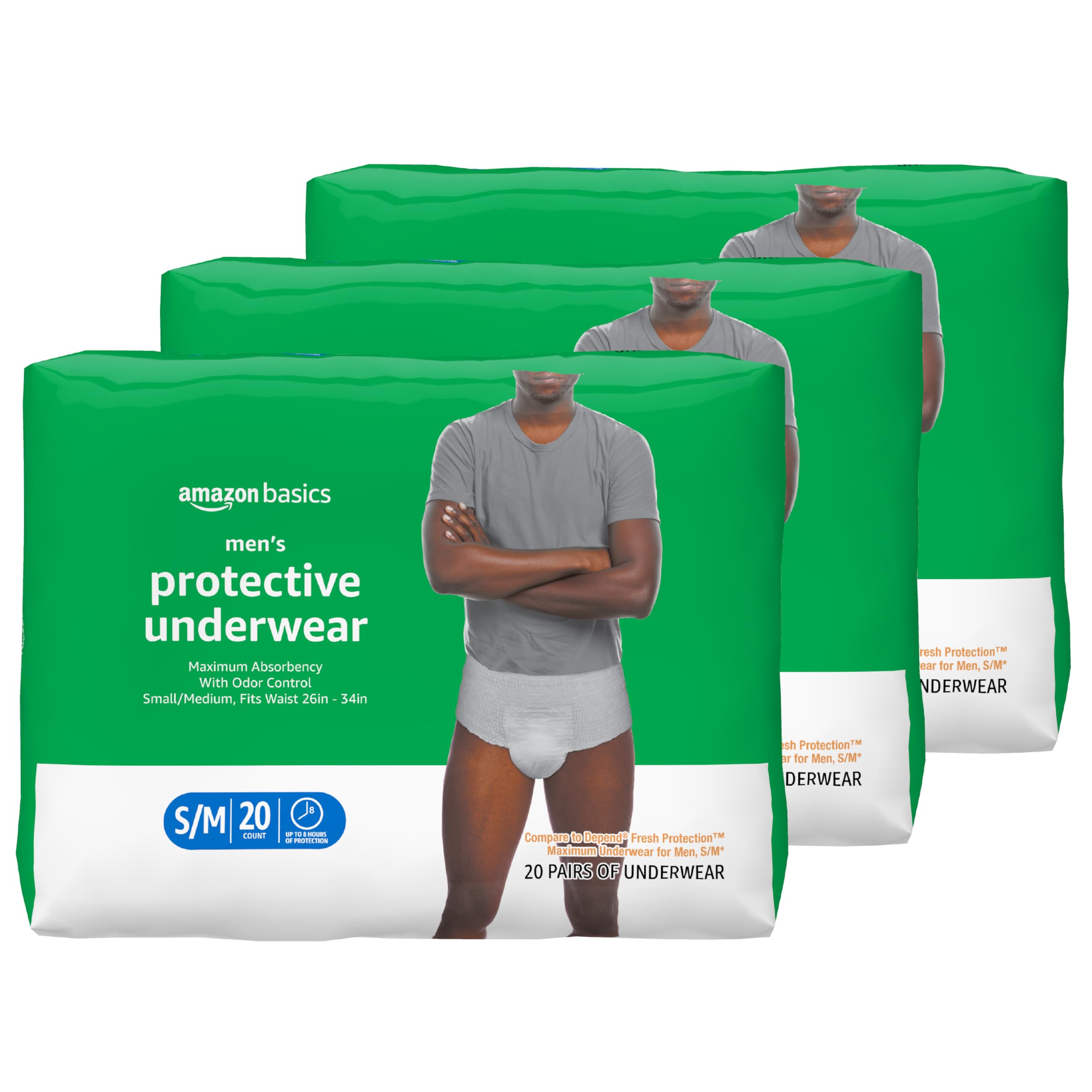 Amazon Basics Incontinence Underwear for Men, Maximum Absorbency, Small/Medium, 60 Count (3 Packs of 20)