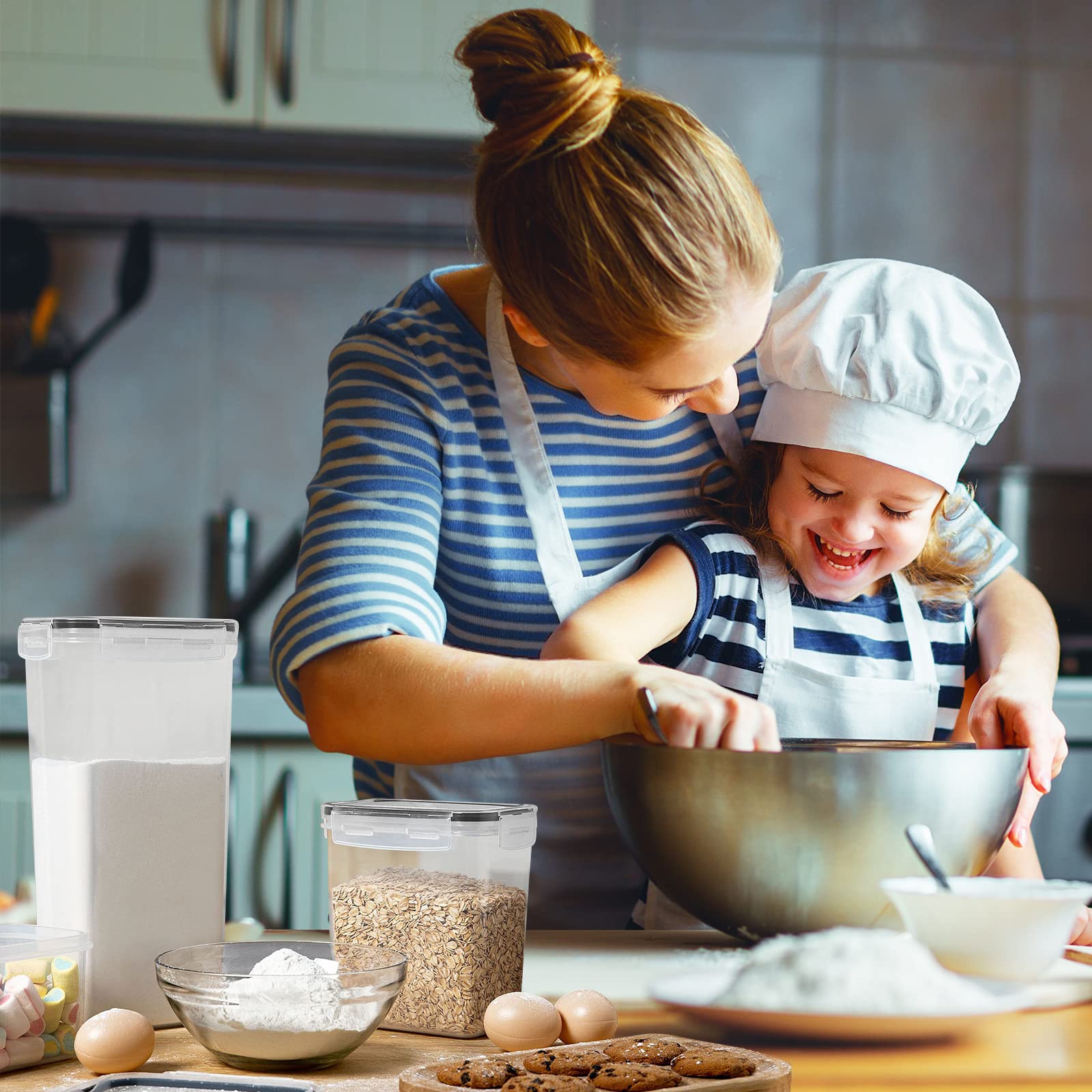 Contenitori Ermetici per Alimenti e Cereali, Set 16 Pezzi, 4 Taglie, Senza BPA, per Pasta, Farina, Zucchero, in Plastica con Coperchio e Etichette, Cucchiaio