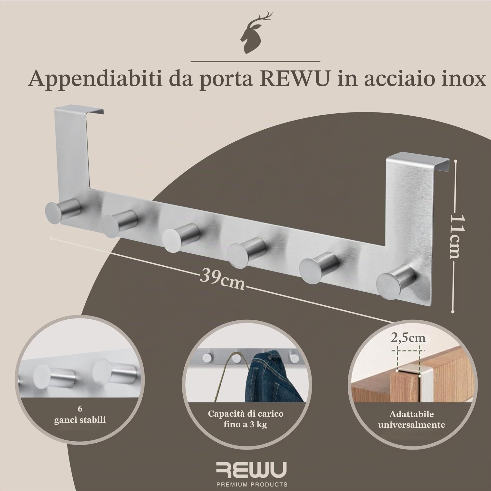 Appendiabiti da porta in acciaio inox con 6 ganci 39 x 11 x 8 cm