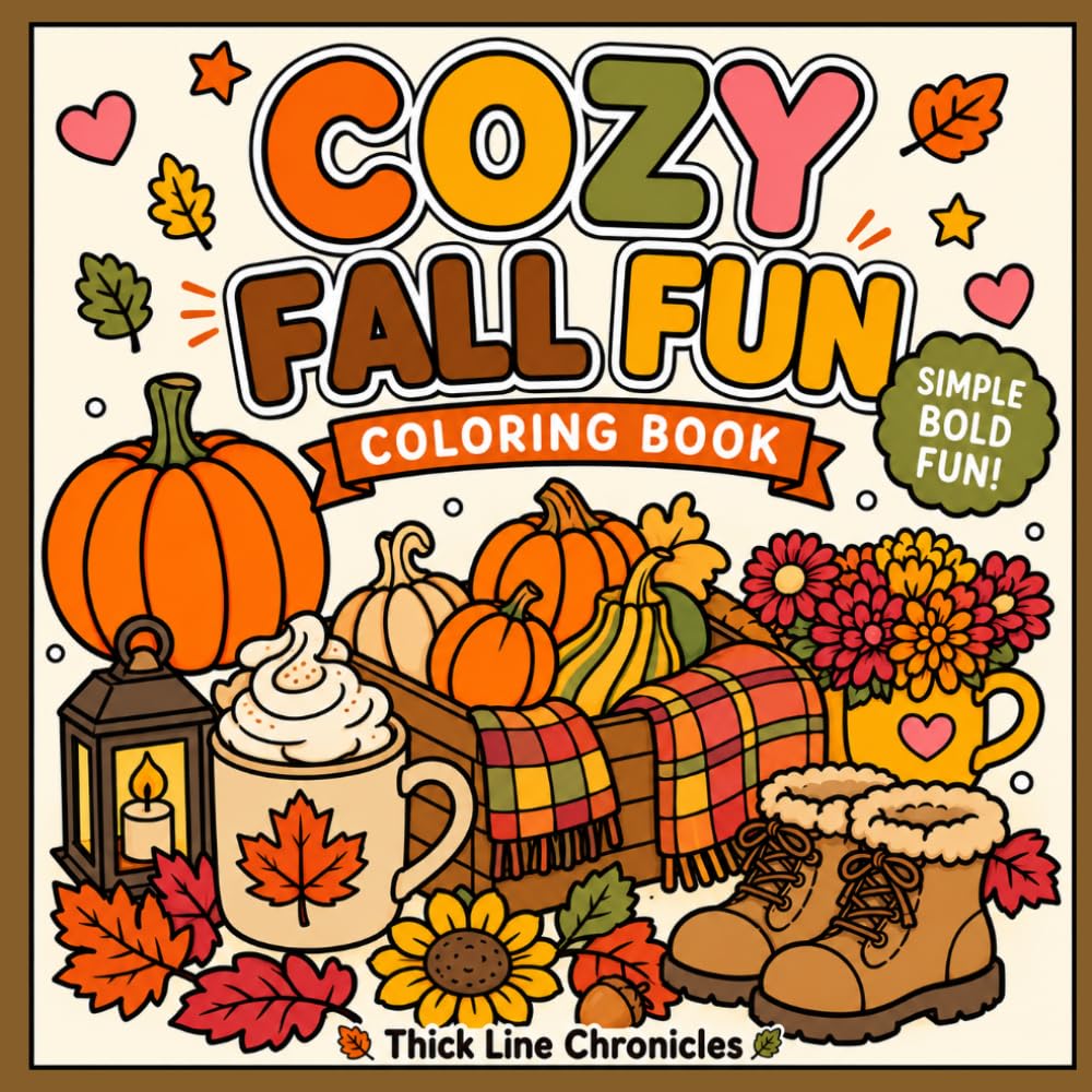 Cozy Fall Fun Coloring Book: Simple, Bold, Stress-Free Pages for All Ages (Thick Line Chronicles)