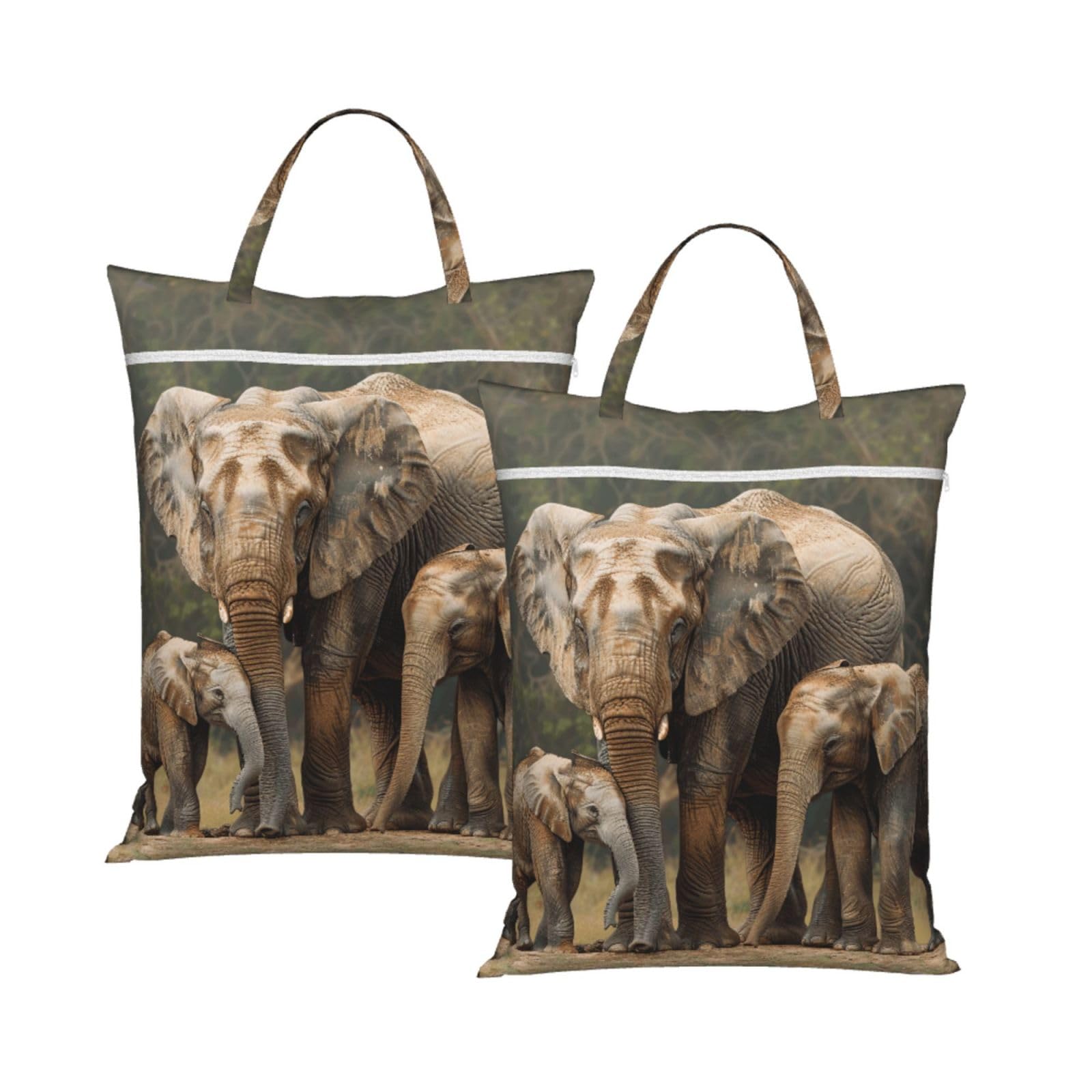 Large Travel Laundry Bags,Elephant Family Print with Handle Foldable Laundry Bag for Holidays Gym Swimming and Family Trips, 2Pcs