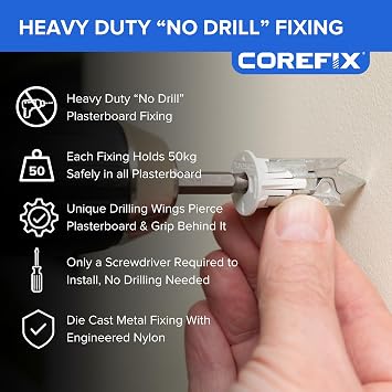 Corefix Spike TV Mounting Kit 4 Pack - Heavy Duty Plasterboard Fixings for TV Wall Mount & TV Wall Bracket. Easy To Install With NO Drill Required Suitable For Stud, Dot & Dab, Insulated Plasterboard