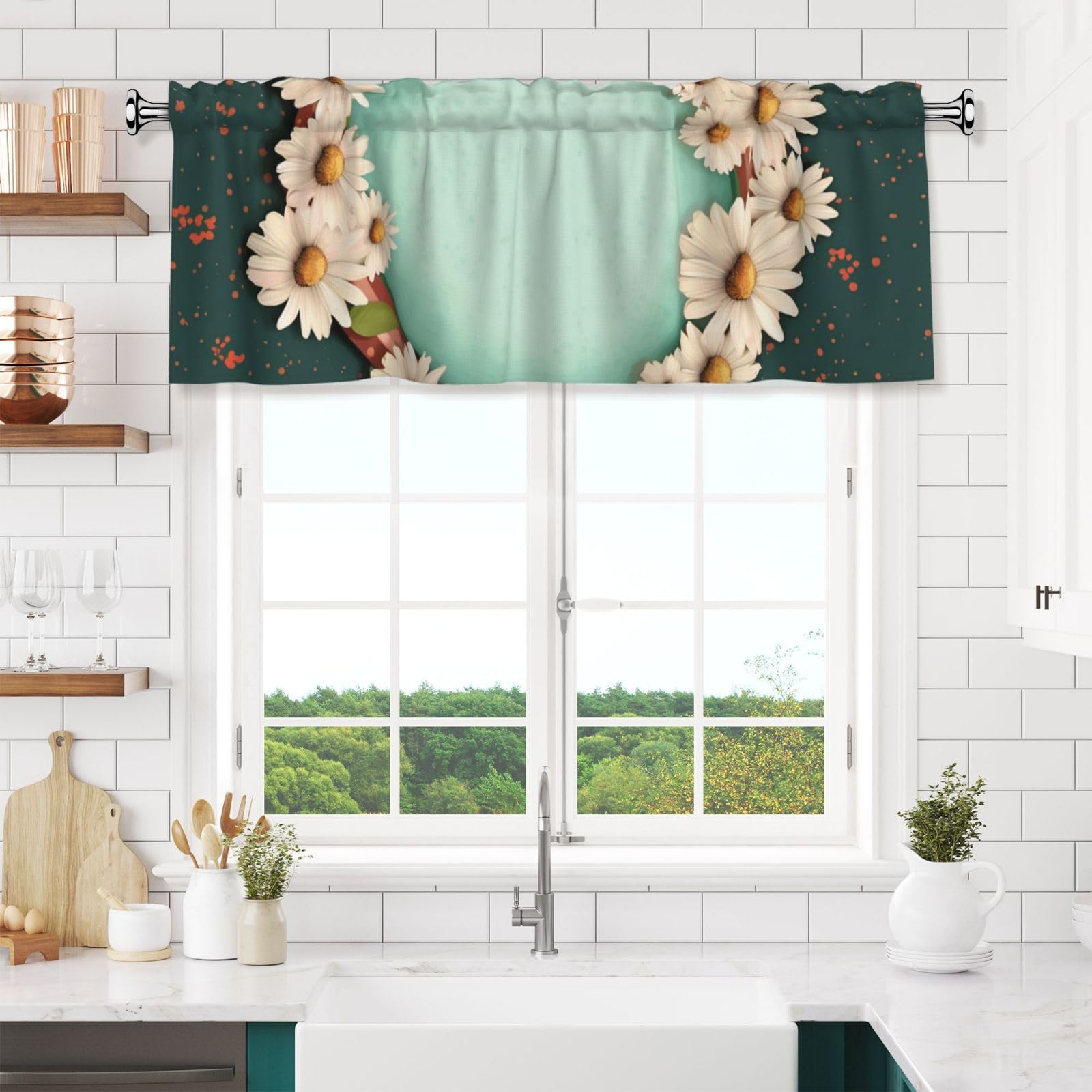 NONHAI with Daisies and Frame Valances for Windows Short Curtains Rod Pocket Cafe Window Treatments Valance Curtains for Kitchen Bathroom Laundry Basement Windows 54x18inch Blackout Window Valance