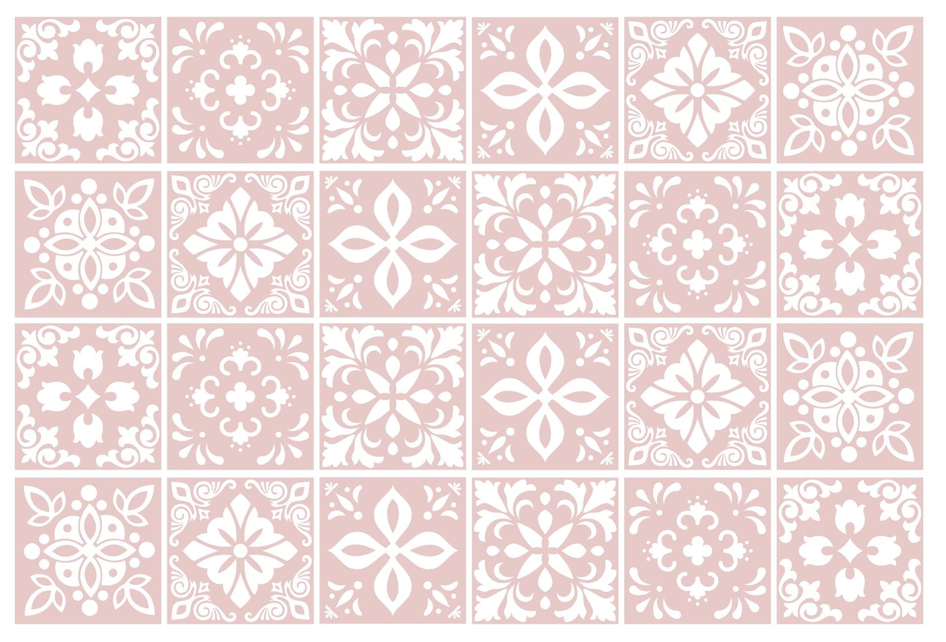 WALPLUS Pink Tile Stickers – 15x15cm (6") Self-Adhesive Stick On Tiles for Bathroom, Removable Spanish Transfers for Kitchen, Stairs & Walls Renovation