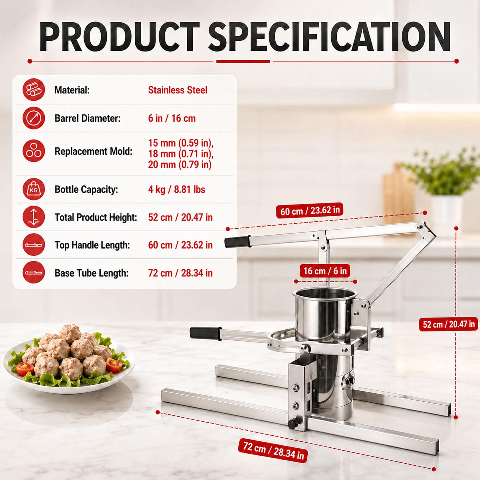 Prensa de acero inoxidable para albóndigas de carne y pescado 16cm/6in-A