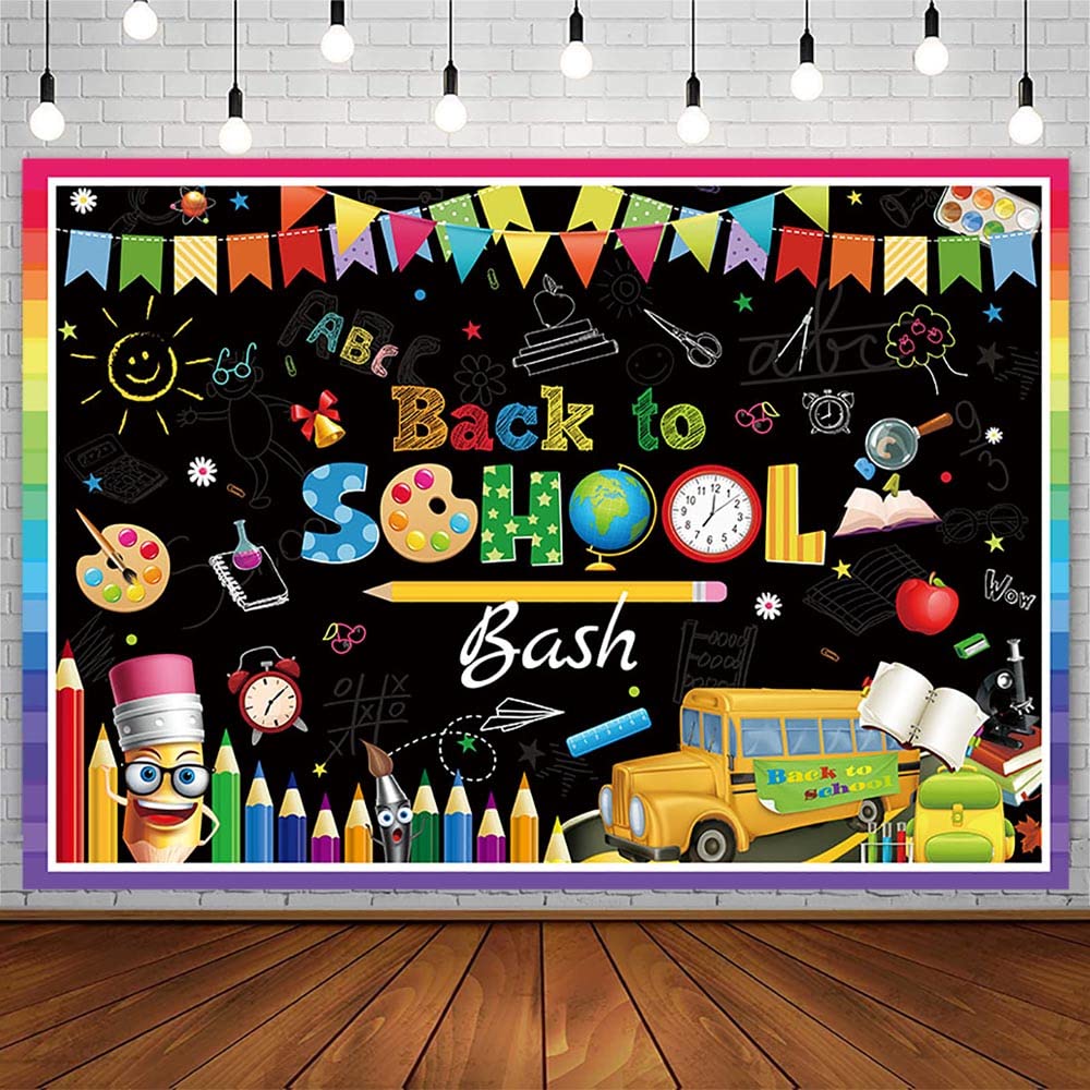 AIBIIN 7x5ft Back to School Bash Backdrop First Day of School Preschool Kindergarten Party Decorations Chalkboard Classroom Pencil School Bus Teacher