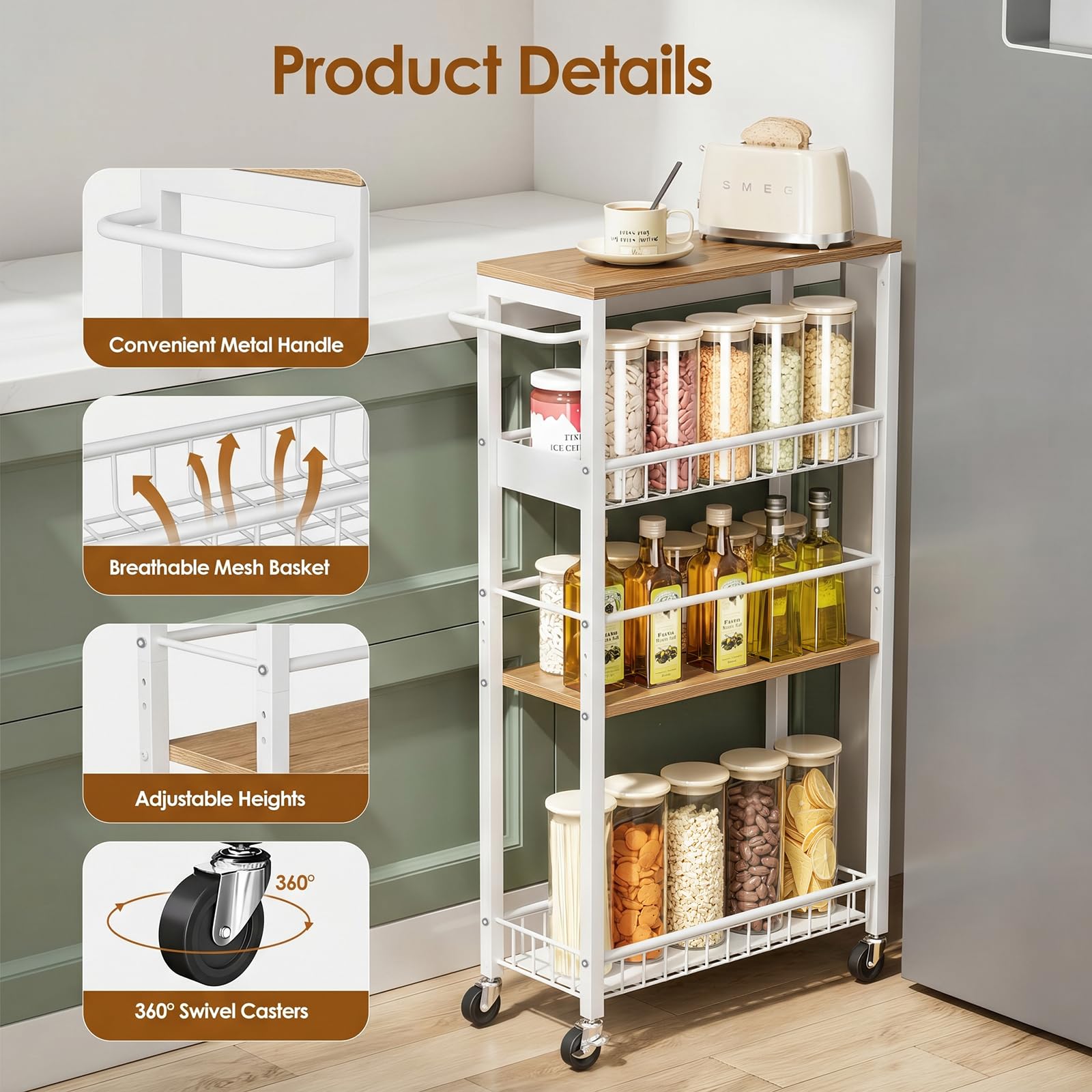 Carrello Portaoggetti Sottile con Ruote, Carrello a 4 Ripiani con Maniglia, 7,1" di Profondità, Altezza Regolabile, Scaffale Mobile Multiuso per Cucina, Bagno, Lavanderia, Bianco