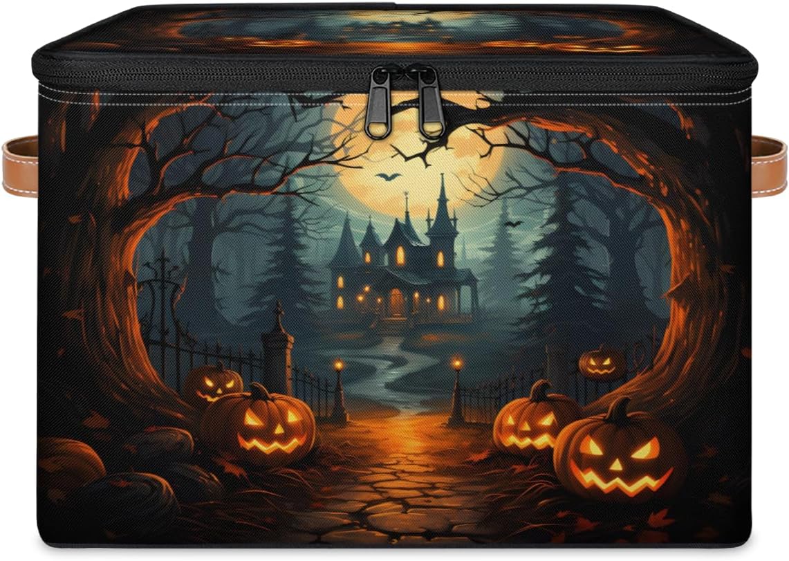 Storage Bin Set of 2 Halloween Night Pumpkin Castle Storage Basket with Zipper Lid & Handle Foldable Closet Shelf 2 Pack Cloth Organizer Basket Cube Bins Clothes Organizer for Bedroom, Nursery