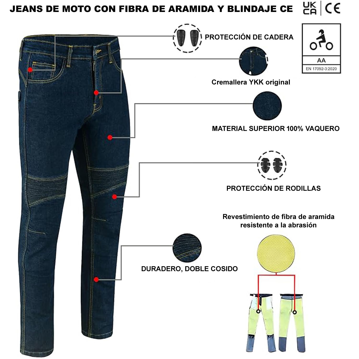 Pantalones Vaqueros de Moto para Hombre con protección de Armadura de Fibra de aramida, aprobados por la CE EN 17092-3:2020