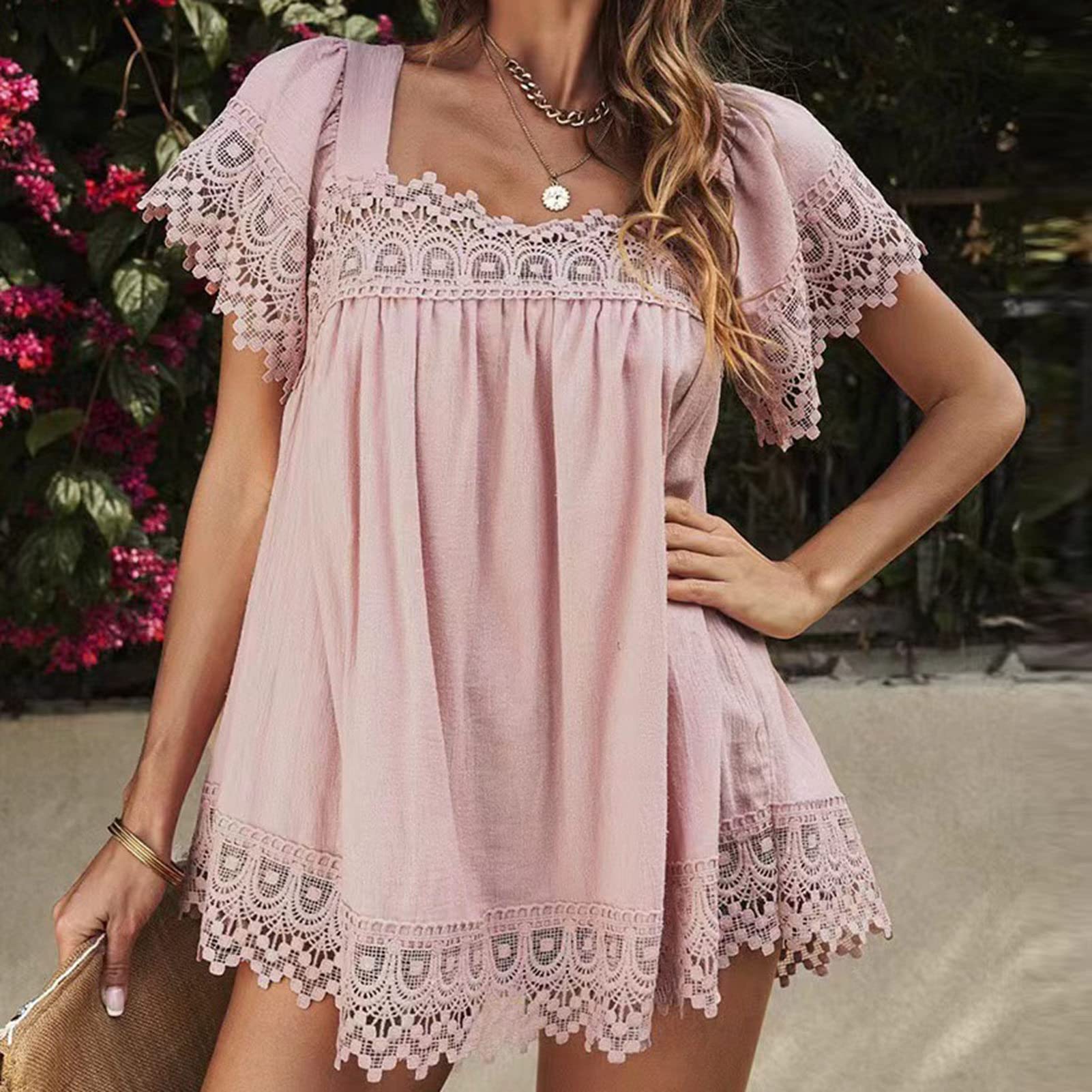 Top a Tunica da Donna con Bordo in Pizzo, Top a Tunica da Donna, Casual, Giorno di Vacanza, Crociera, Spiaggia, Copricostume, Manica Corta Bohémien, Boho Chic, Top Estivo, Top da Donna con(L-Rosa)
