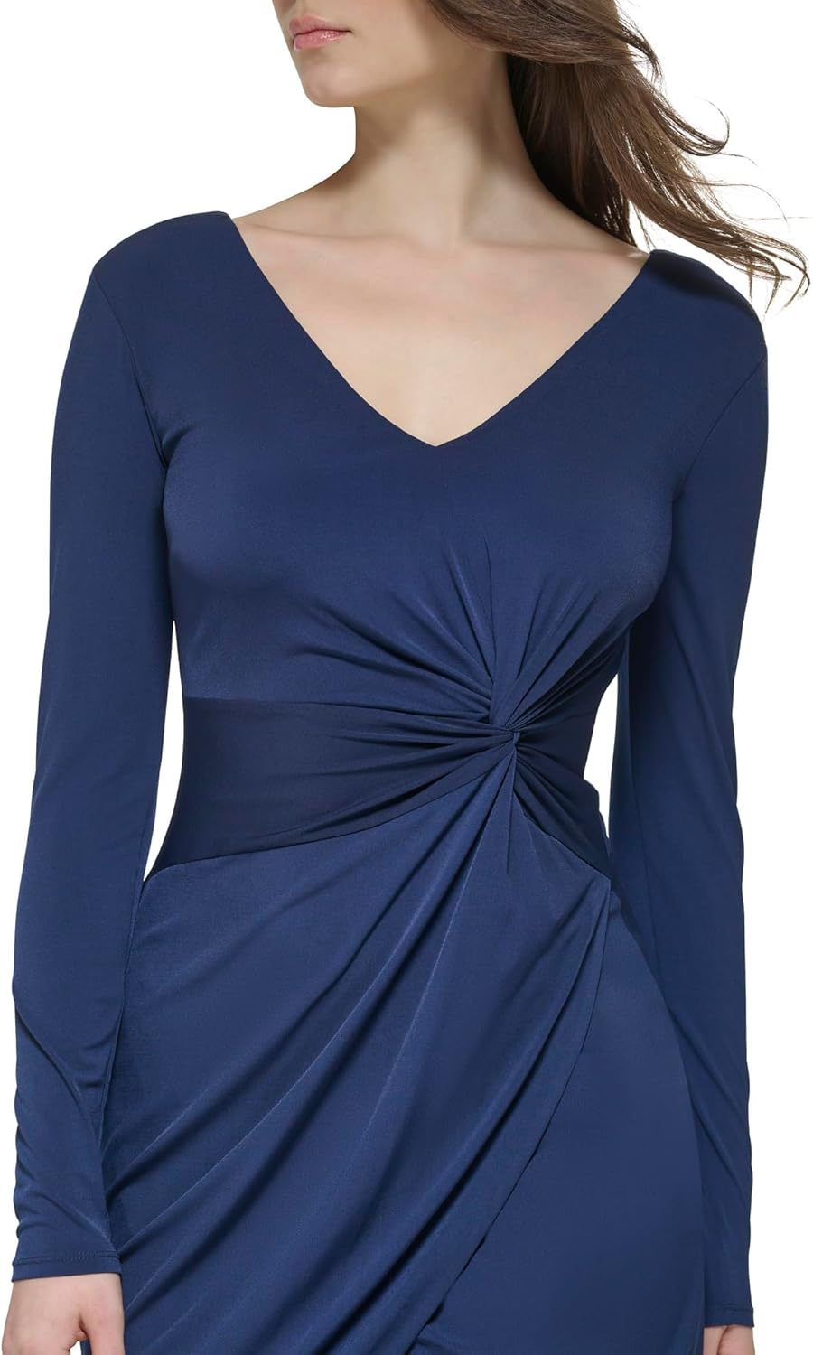 Guess Womens Knot Detail Fitted Long Sleeve V-Neck Dress - Image 4