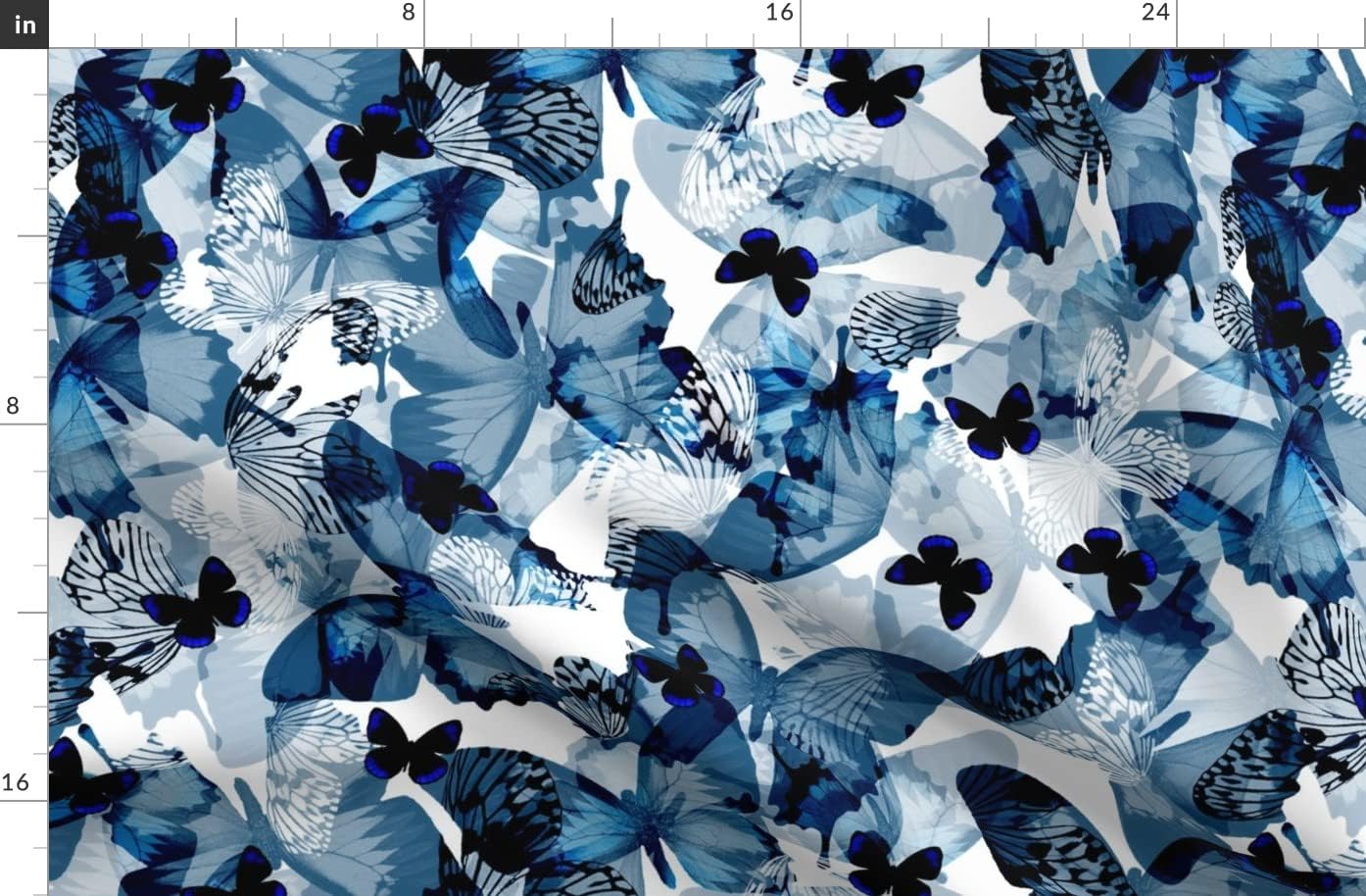 Spoonflower Fabric - Butterflies Blue Butterfly Texture White Black Royal Nature Insects Printed on Organic Cotton Sateen Fabric by The Yard - Sewing Quilting Apparel Home Decor