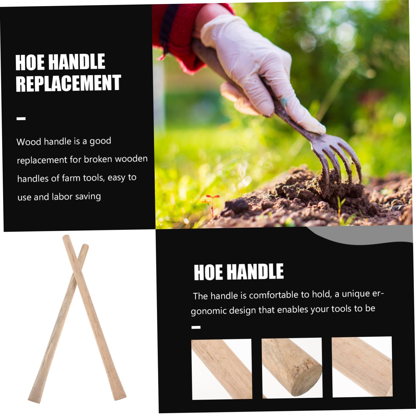 Outils De Jardinage à Long Manche En Bois - OUTAD - Pelle, Râteau Et Bêche - Noir Et Beige