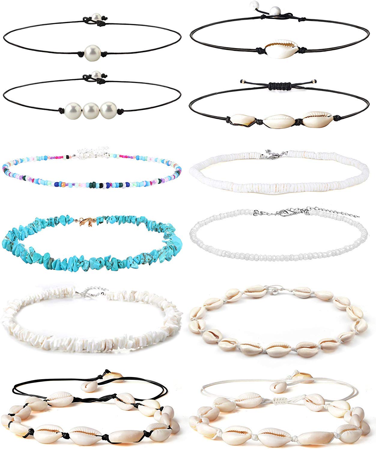 LOLIAS 12Pcs Collares Gargantilla Concha para Mujeres Niñas Collar de Clavícula Perla Gargantilla Concha Almeja Collar Bohemia Hecho a Mano Hawaii Rosario Conjunto de Joyas de Playa