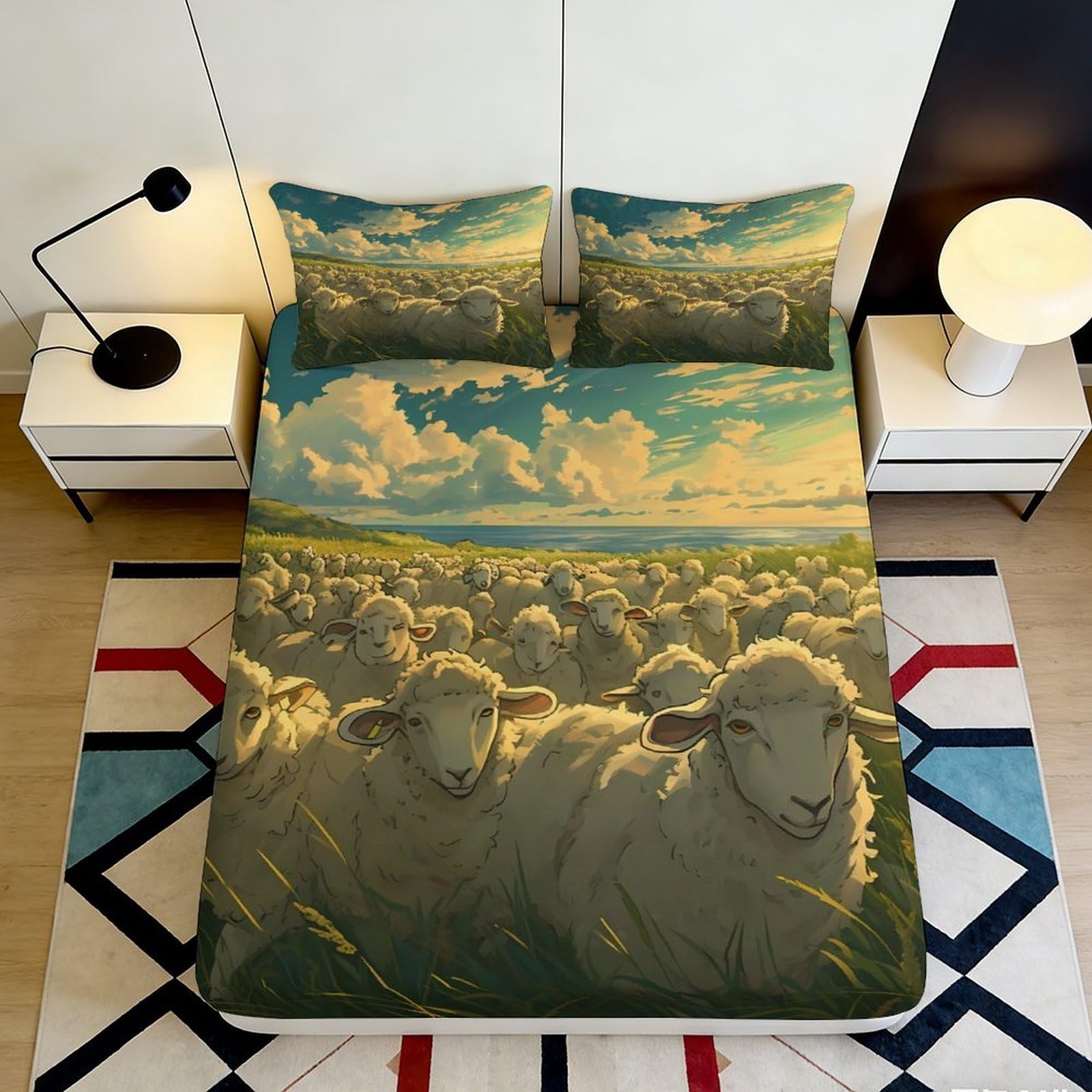 3D Printed Sheep Meadow Fitted Sheet Microfiber Pastoral Flock Bed Cover Non Slip Easy Care for Bedroom Guest Room 90x200x25cm
