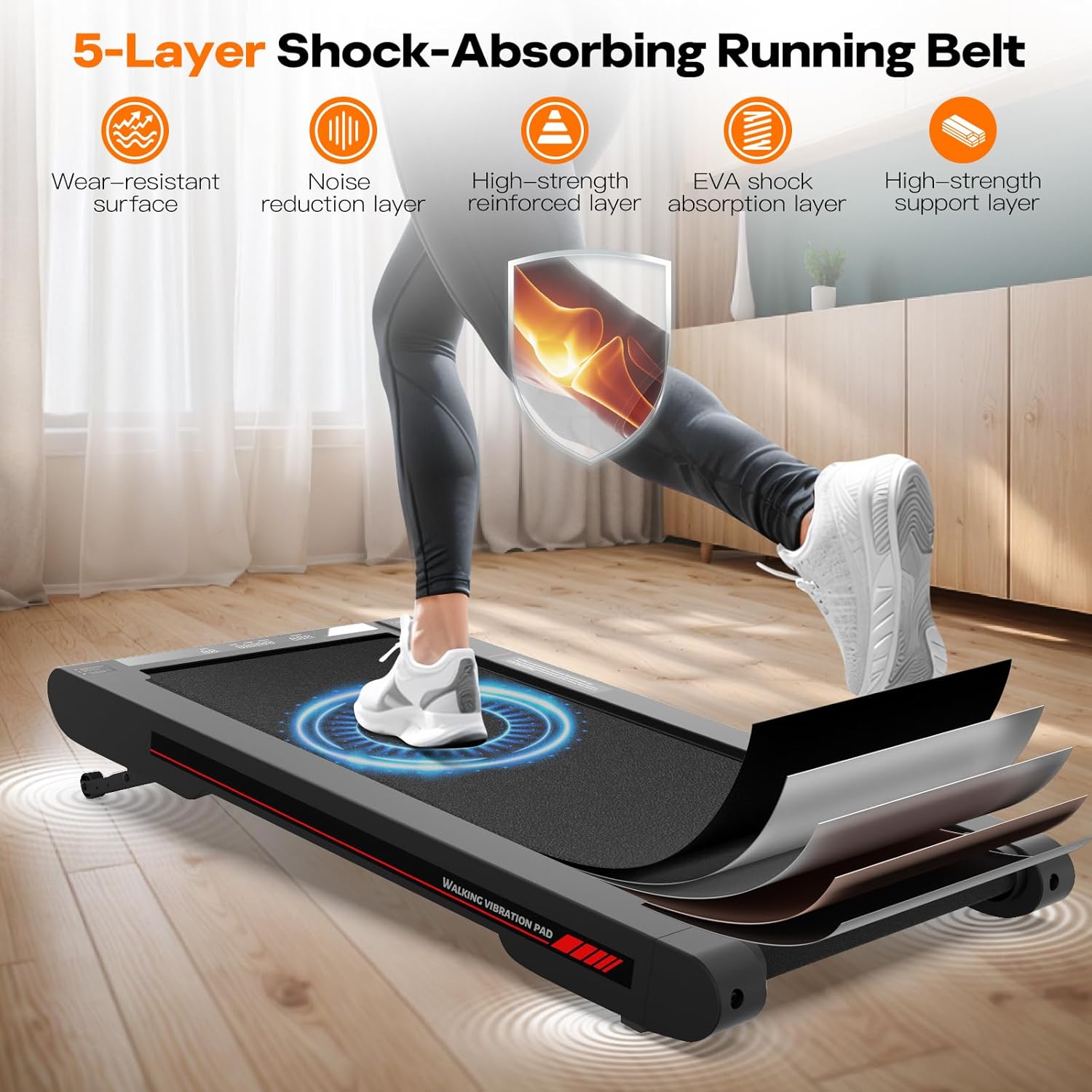 Diagram showing the five layers of the shock-absorbing running belt, with a person's leg running on the treadmill.