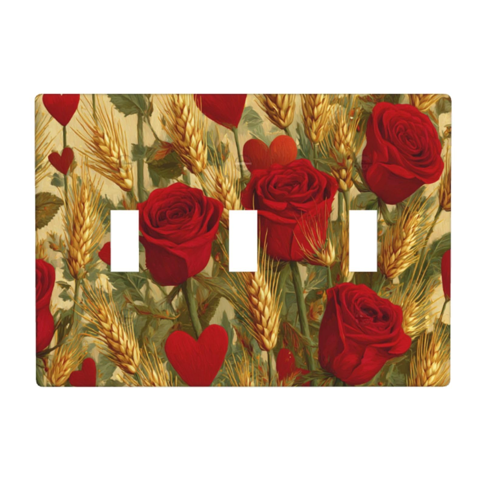 Red Roses Hearts and Wheat Light Switch Covers 3 Gang Triple Toggle Wall Plate Switchplate Electrical Faceplate for Bathroom Kitchen Bedroom Decor