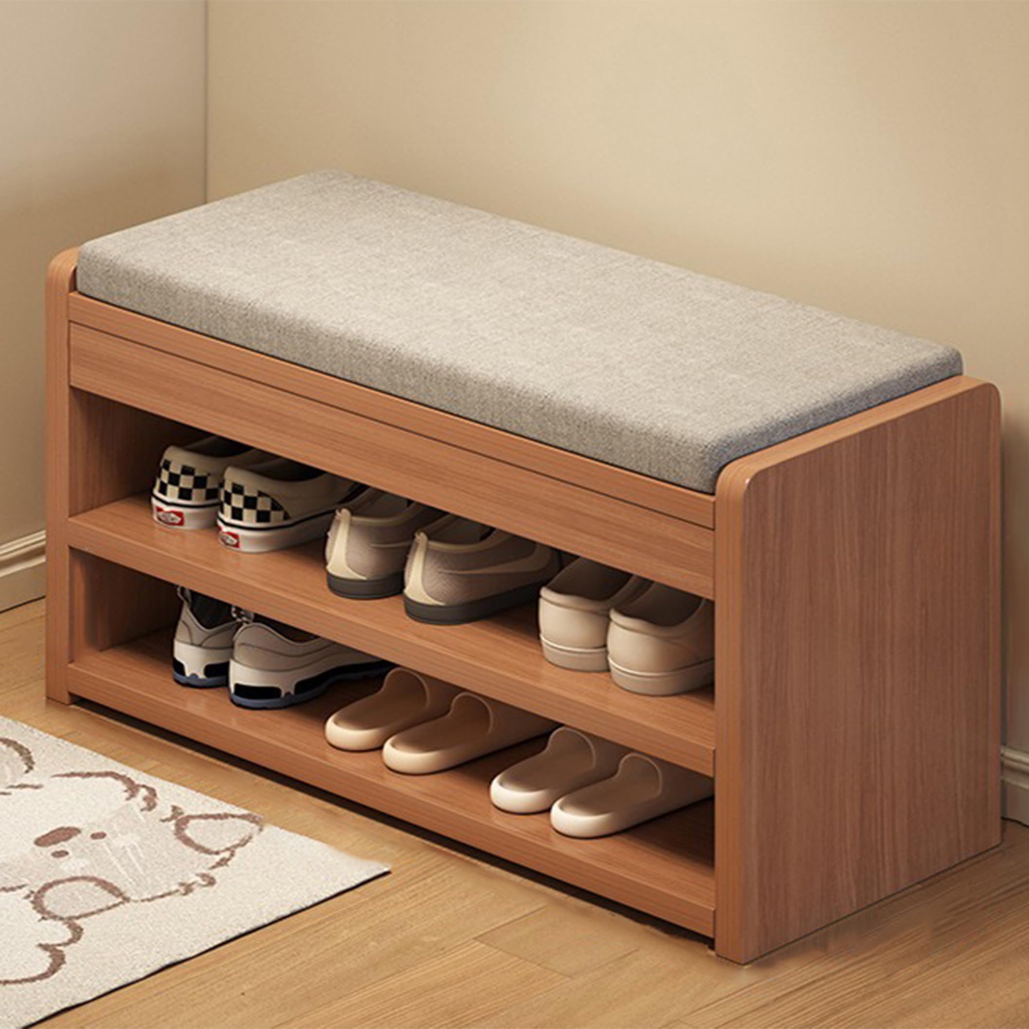 Banc à chaussures moderne du milieu du siècle en pin et coton lin