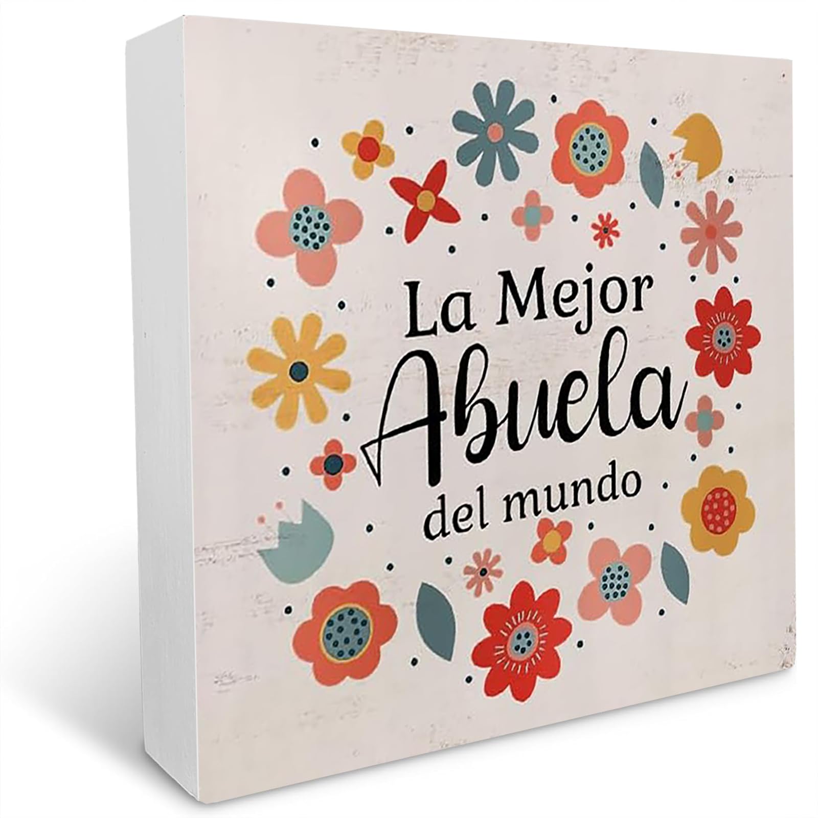 Kisoyo Box-8 Best Grandma In The World Gifts Wood Box Sign Desk Decor,La Mejor Abuela Del Mundo Spanish Floral Wooden Plaque Sign Desk Decor For Grandma Home Bedroom Living Room Table Shelf Decor 7X7 Inch