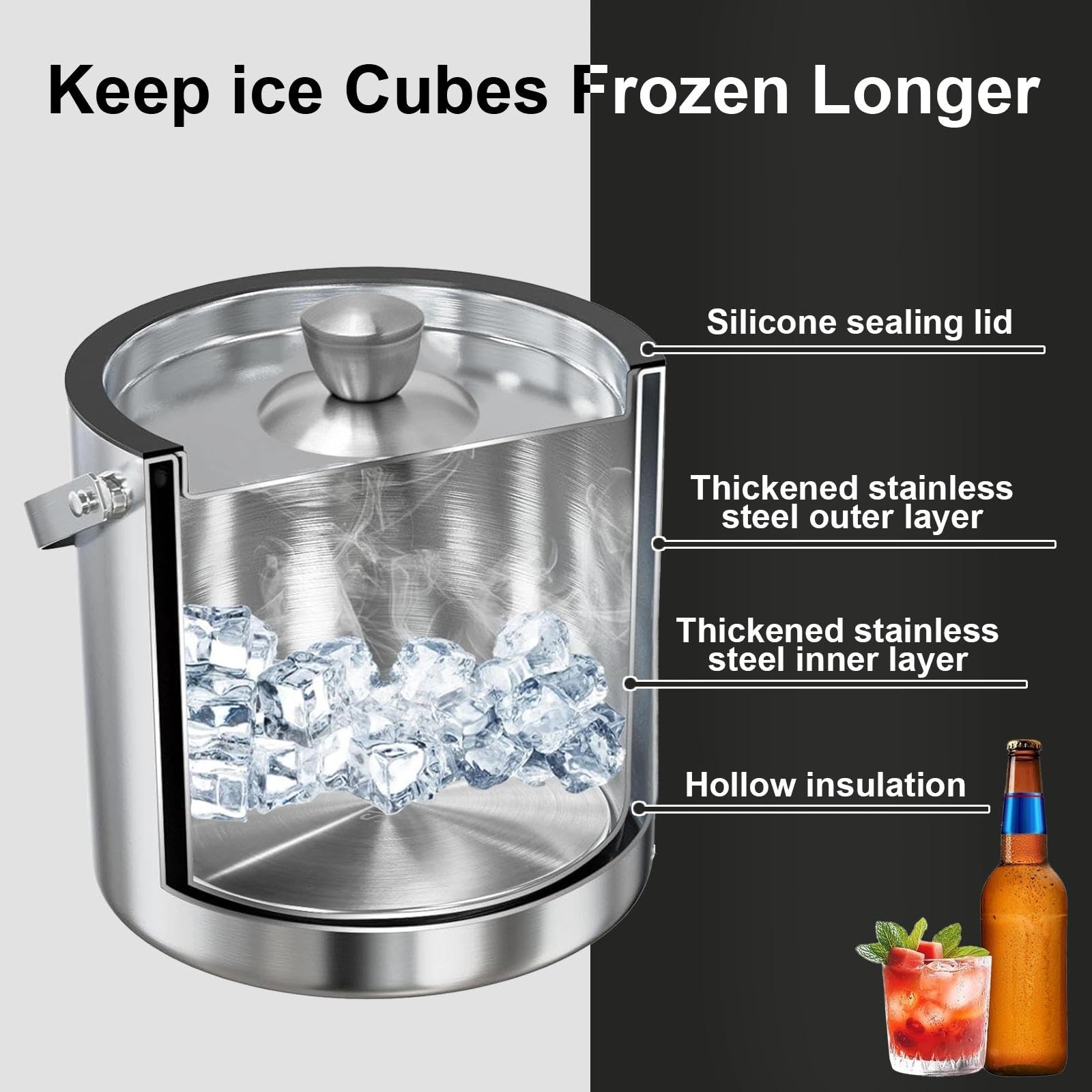 Seau à glaçons en acier inoxydable de 1,6 l - Double paroi - Avec couvercle - Passoire et pince - Passe au lave-vaisselle - Pour fêtes, jardin, barbecue, bière, vin, champagne
