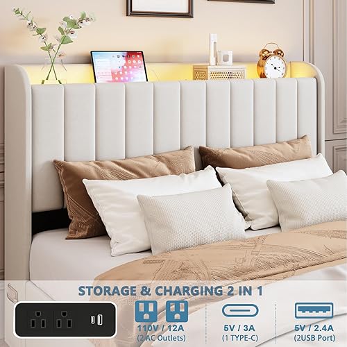 Miniatura 3 de Base de cama tamaño matrimonial con 4 cajones y cabecera de almacenamiento, base de cama tapizada con luces LED y práctica estación de carga, no
