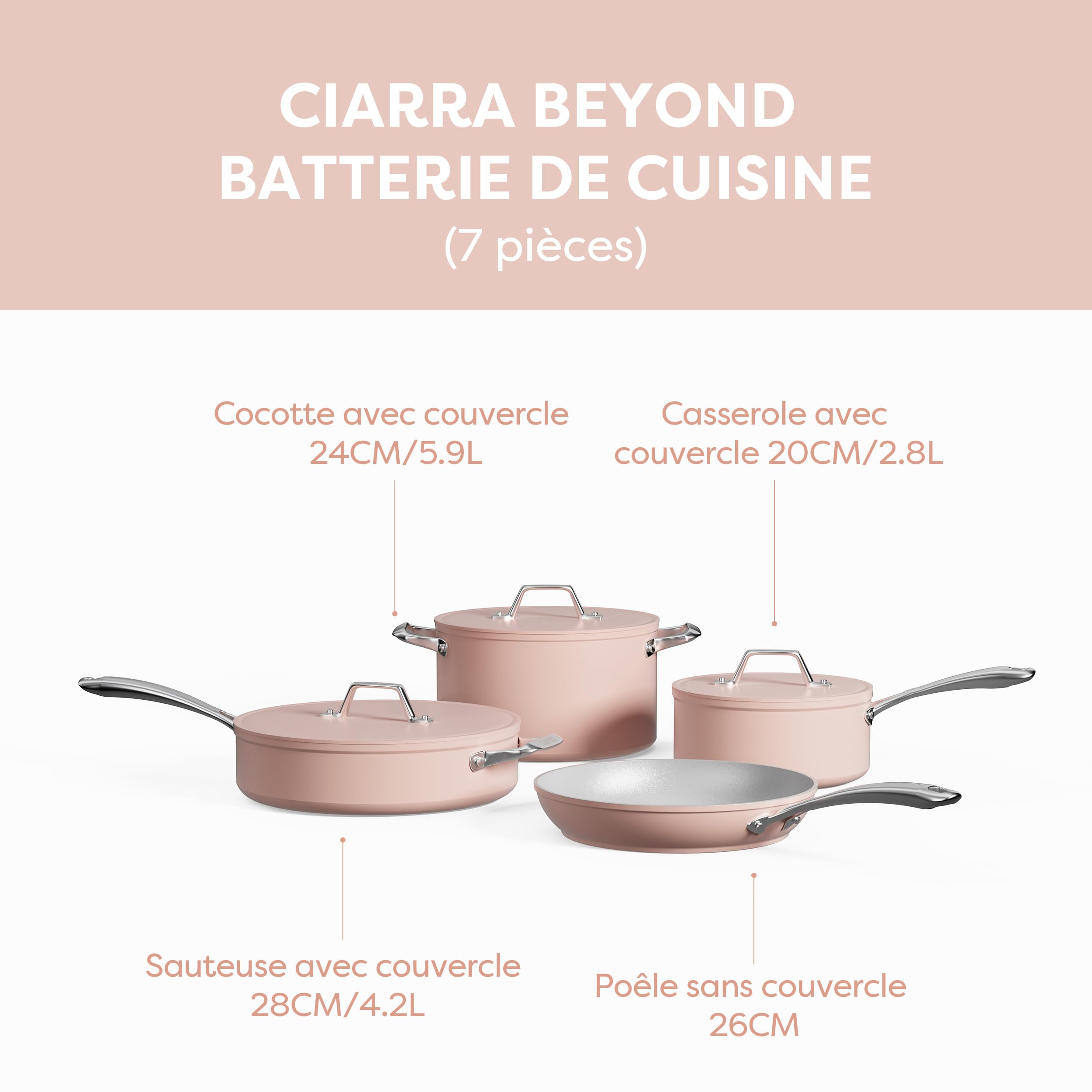 Ciarra Beyond - Batterie de Cuisine - Set de 4 Pièces - Poêle à Frire 26cm - Sauteuse 28cm/4.2L- Cocotte 24cm/5.9L - Casserole 20cm/ 2.8L - Revêtement Antiadhésif - Tous Feux dont Induction-Rose