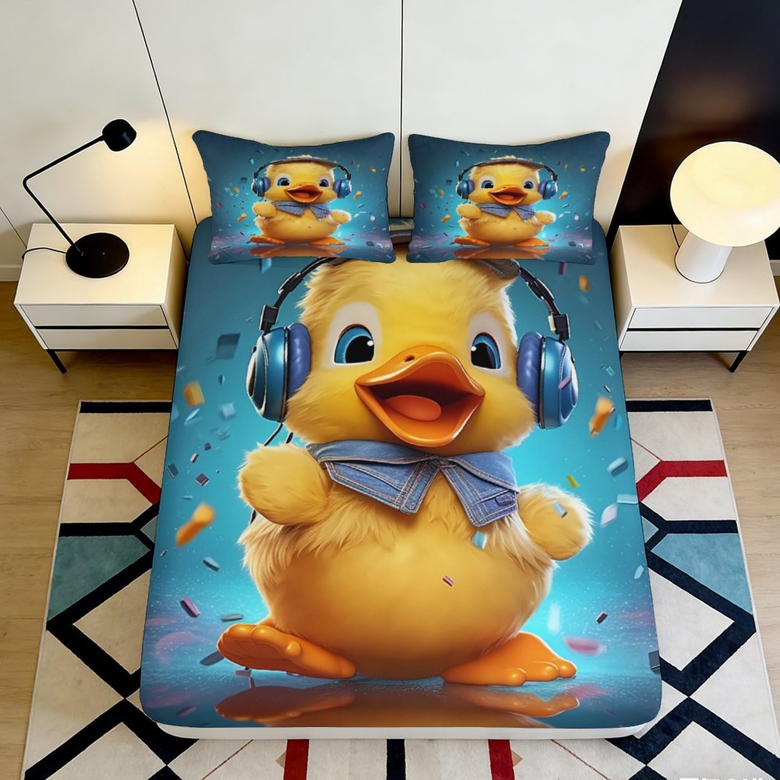 3D Printed Cute Duck Headphones Fitted Sheet Microfiber Soft Washable Cartoon Mattress Cover for Bedroom Dorm Decor 90x200x25cm