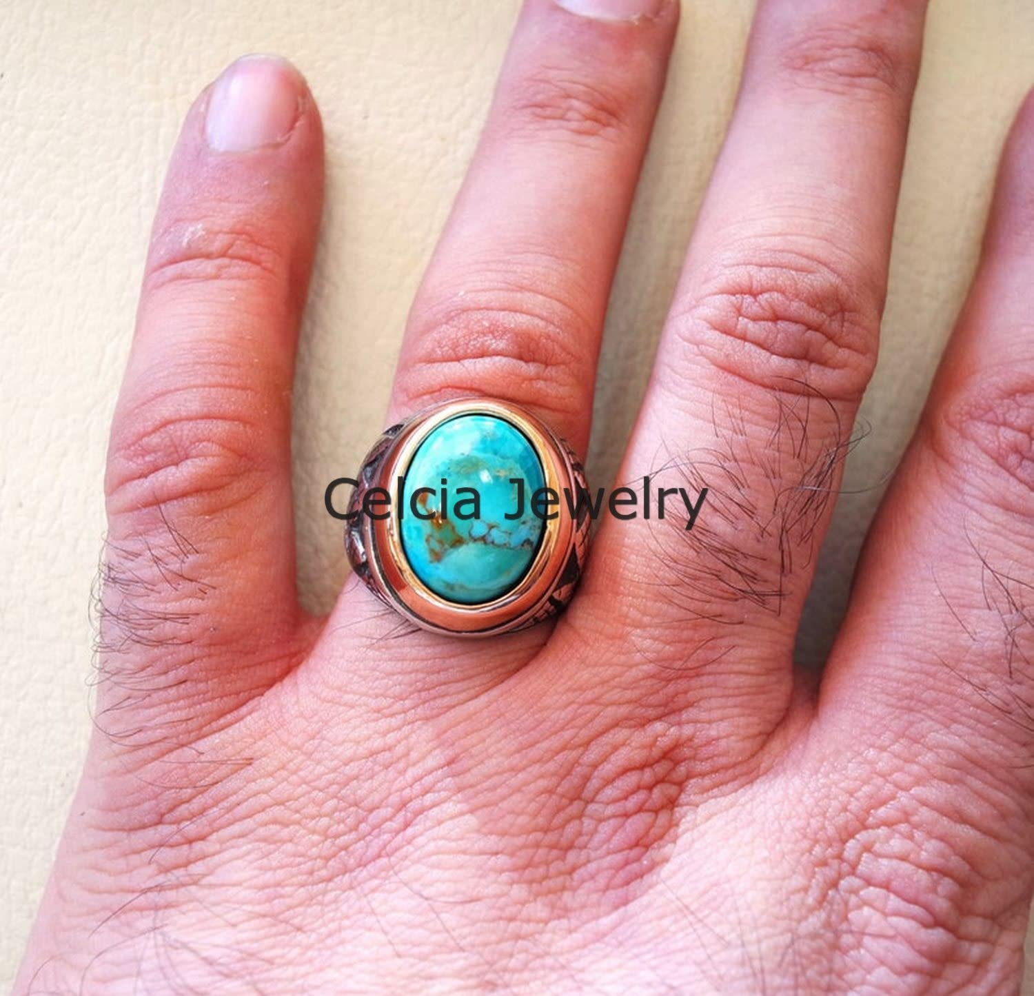 Anello ovale cabochon con pietra preziosa blu turchese dell'Arizona, anello semi prezioso in stile mediorientale, regali per la festa del papà, anello bicolore ossidato in argento (turchese Arizona)