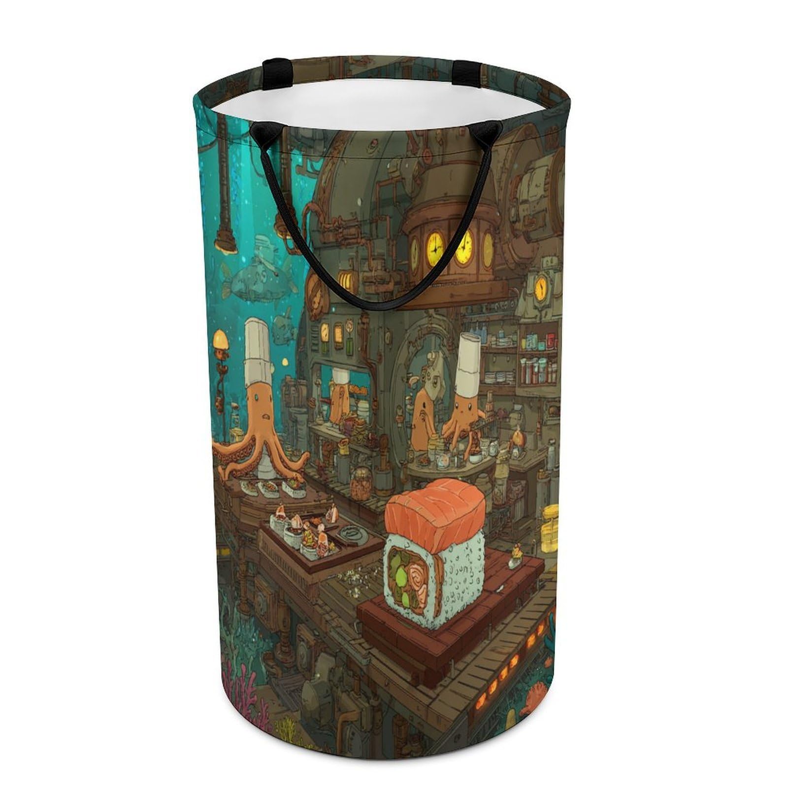 LUYYSKY Funny Retro Octopus Chef Versatile Storage Laundry Basket, Rustic Japanese Sushi Underwater Animal Octopus Fish Large Bathroom Laundry Hamper With Handle-40 CM Dia, 69 CM High