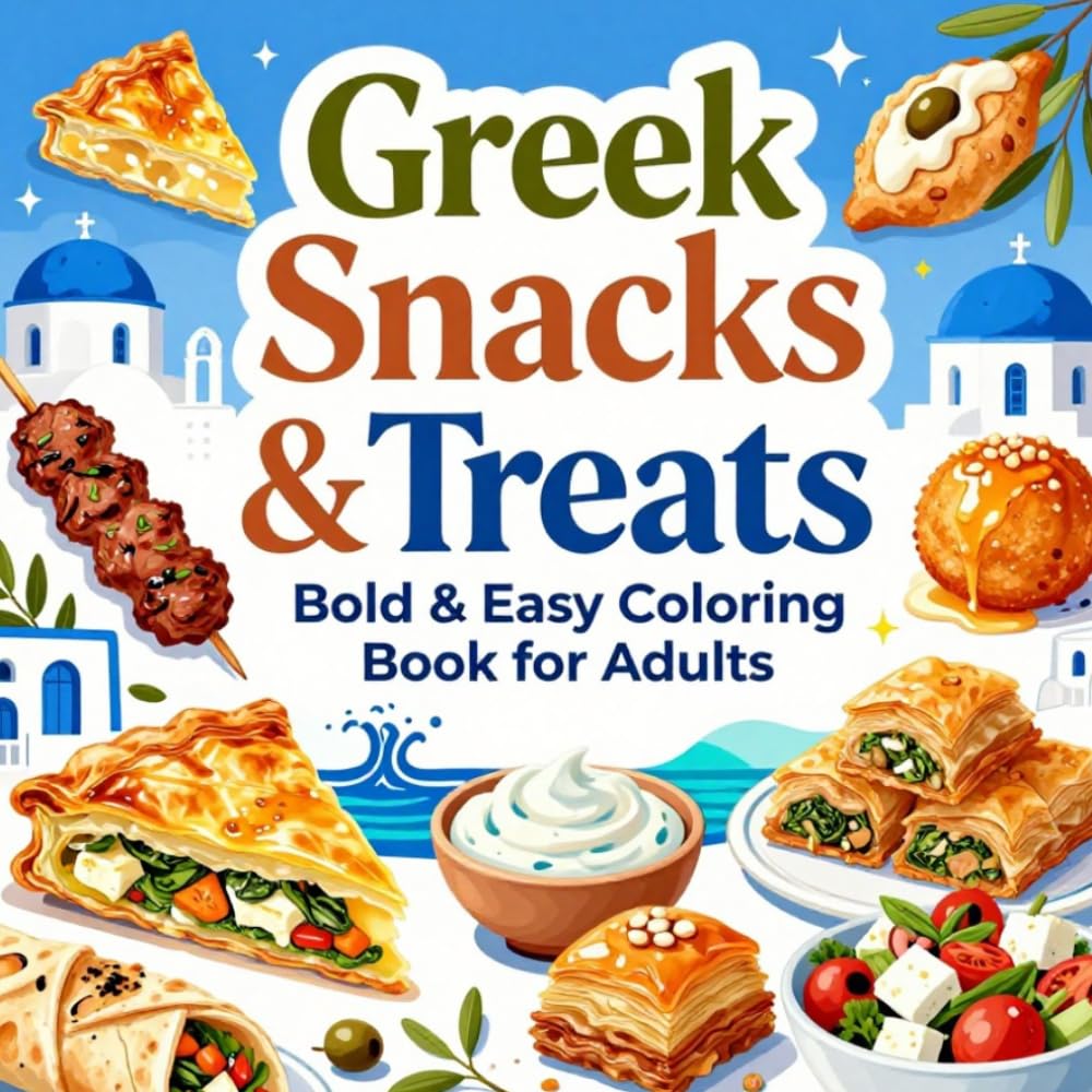 Greek Snacks & Treats Bold & Easy Coloring Book for Adults: Simple Large Print Food Coloring Pages Featuring Baklava, Gyros, Olives, Pastries, ... and Stress Relief (Snacks & Treats Coloring)
