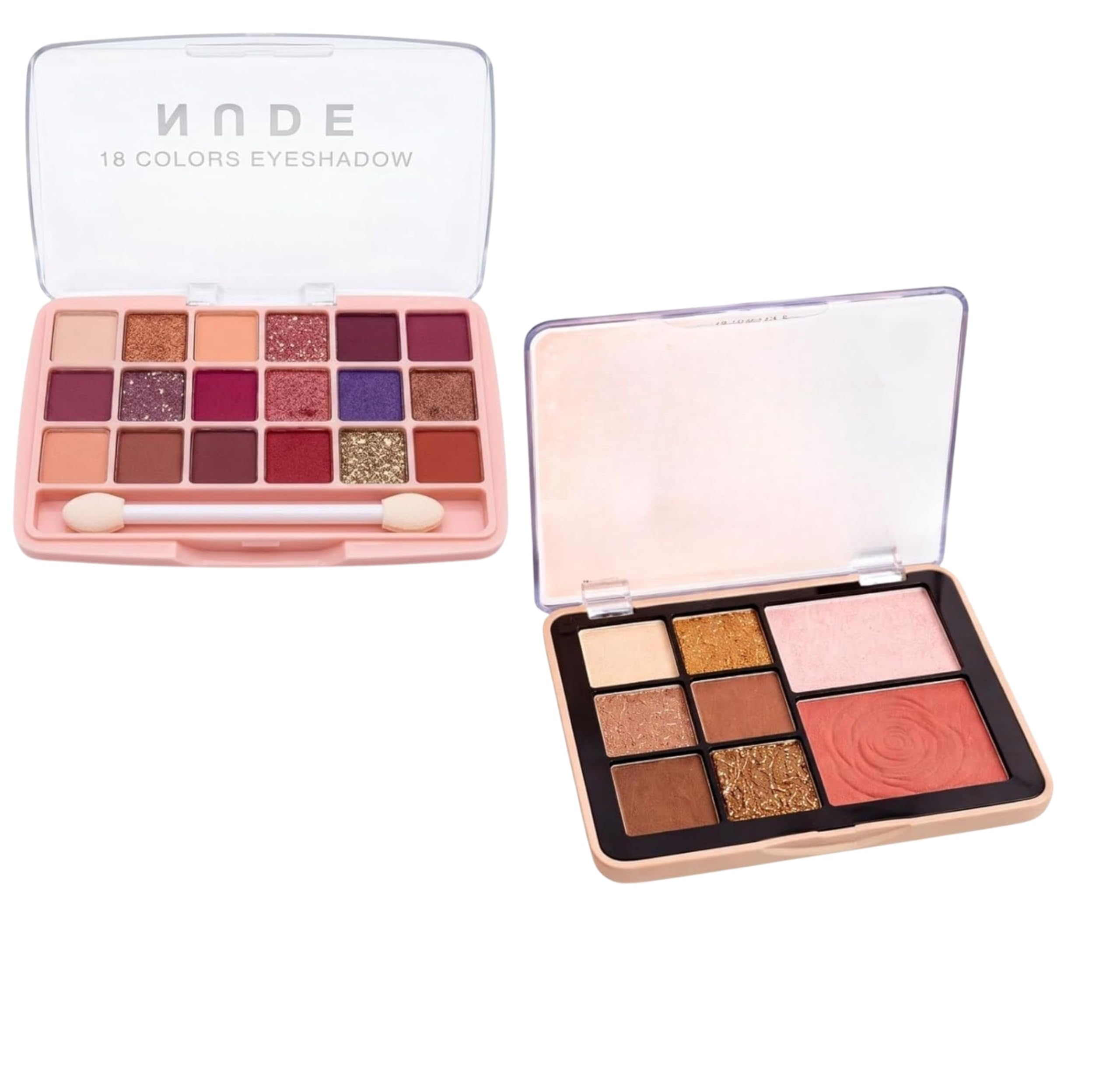 2-Piece Makeup Palette Combo – 18-Color Nude Eyeshadow Palette (Mattes & Glitters) + 8-in-1 Face Sculpting Palette with Rose-Embossed Blusher, Highlighter & Earthy Eyeshadows – Complete Festive Glamour Set-image-35