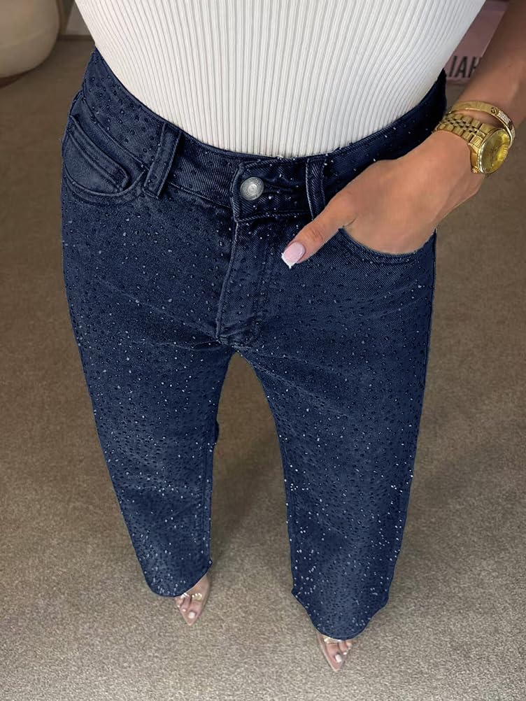 shownicer Jean Femme Taille Haute Wide Leg Jean à Strass Baggy Jeans Large Stretch Droit Jeans Brillant Y2K Pantalon Streetwear