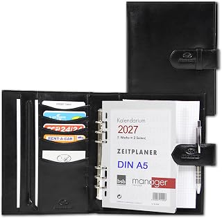 ALMADIH Leder A5 Terminplaner mit Ringmechanik Kalender 2026 2027 Schreibblock Premium Rindsleder Schwarz Ledermappe Mappe Schreibmappe Organizer Terminkalender Systemplaner Ringbuchmappe (A5-Ter-S)