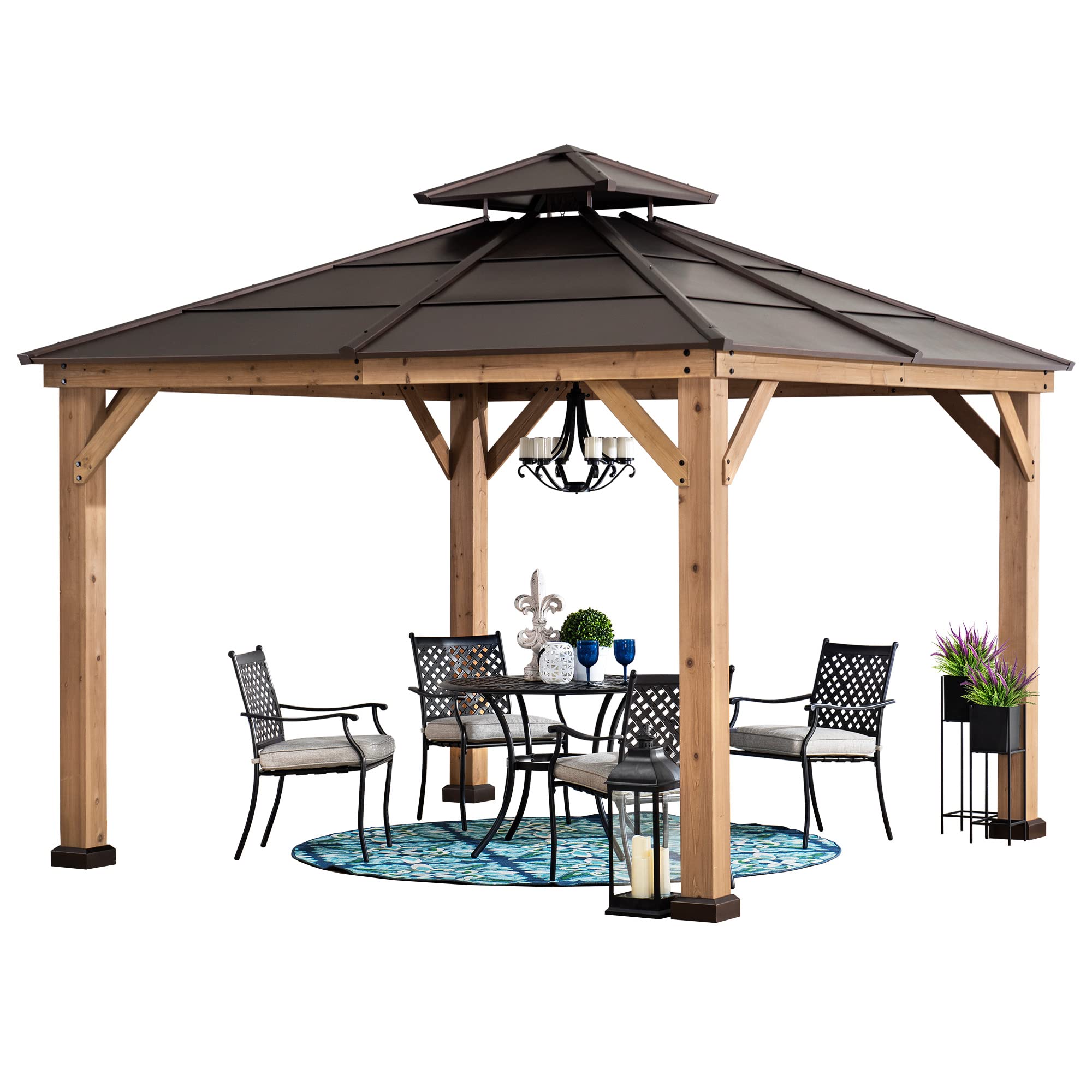 Buy Sunjoy 11' X 11' Cedar Framed Wood Gazebo with Brown Double Steel
