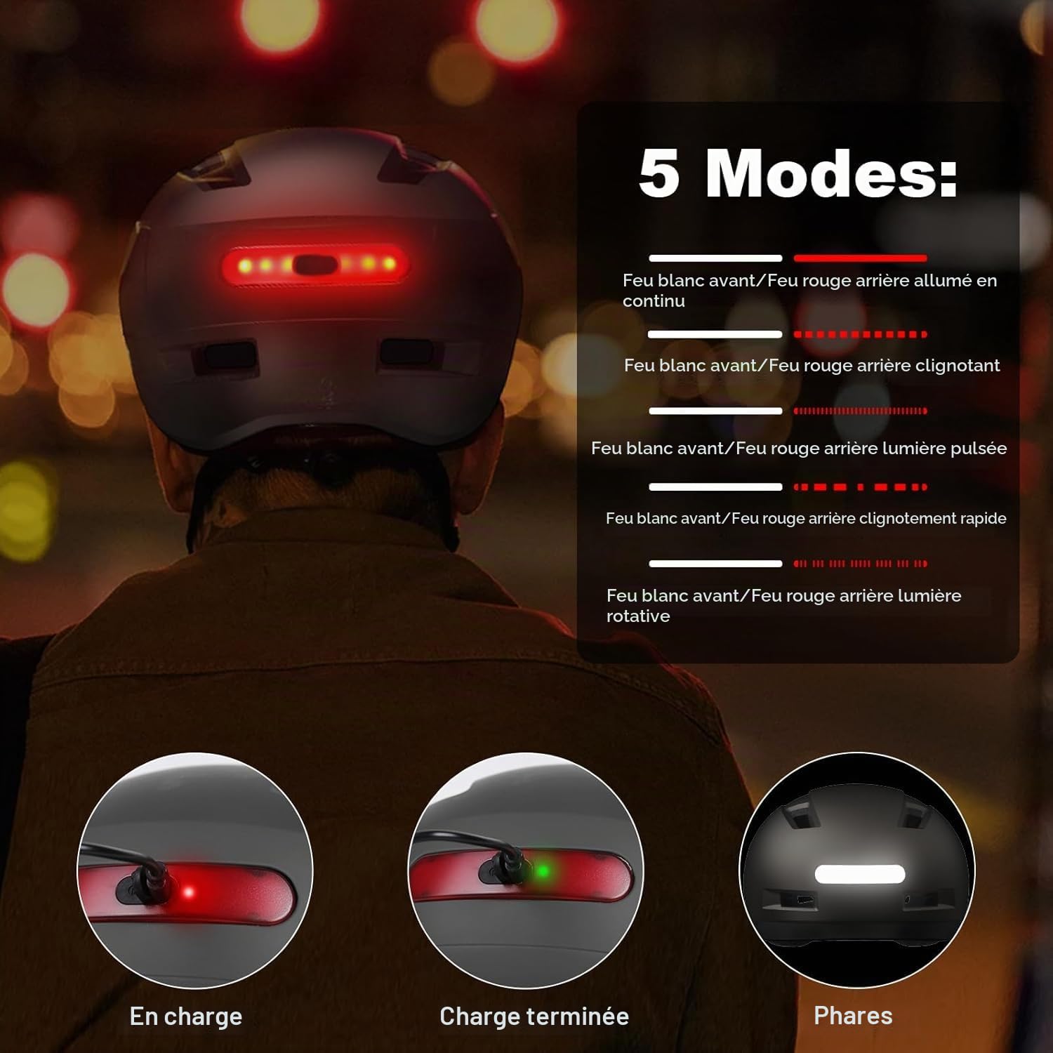 KINGLEAD Casque de vélo léger avec lumière LED avant et arrière 5 modes cyclisme trekking