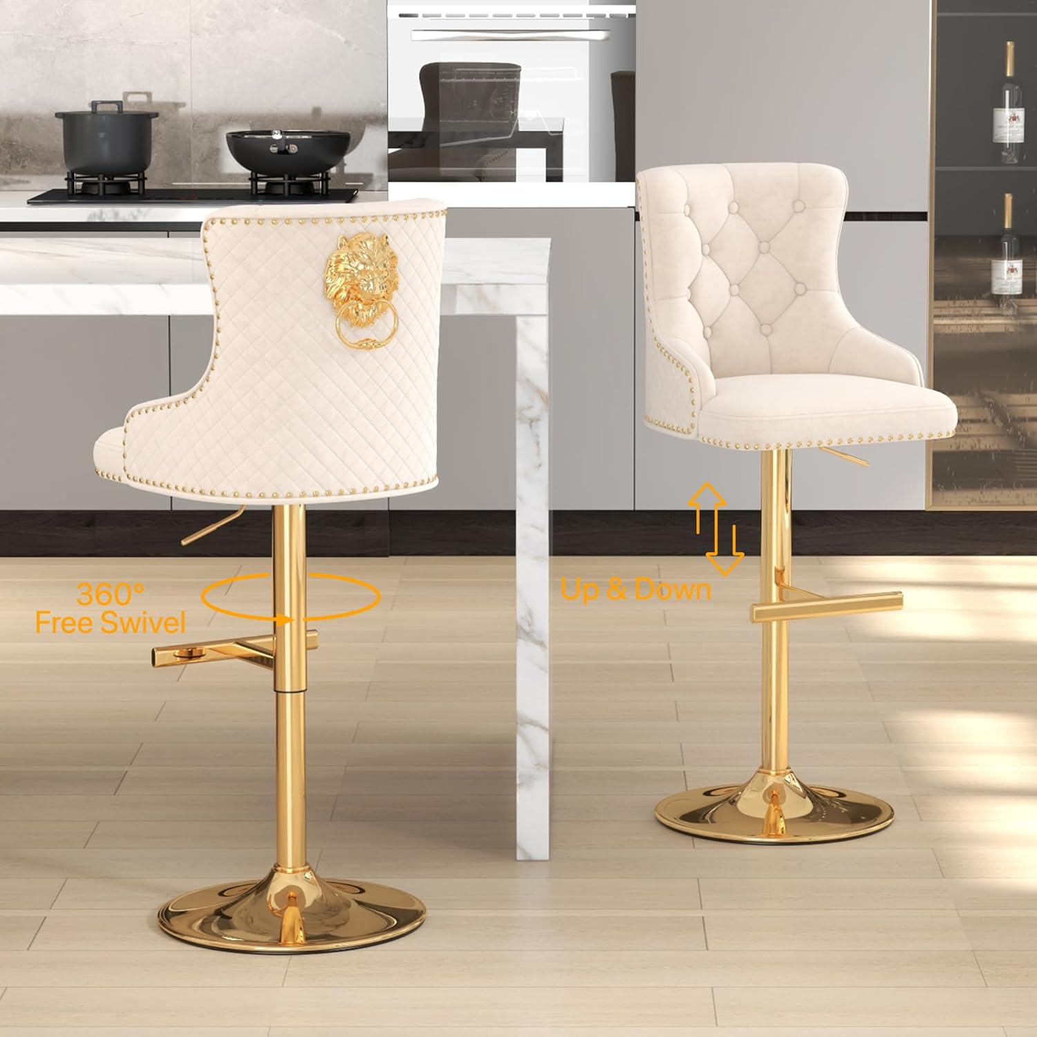 ABET Bar Stools Set of 4, Counter Height Stools with T Footrest, Velvet Adjustable Swivel Kitchen Island Chair with Upholstered Tufted Back, Lion Head Ring Nailhead Trim, Chrome Base, Beige