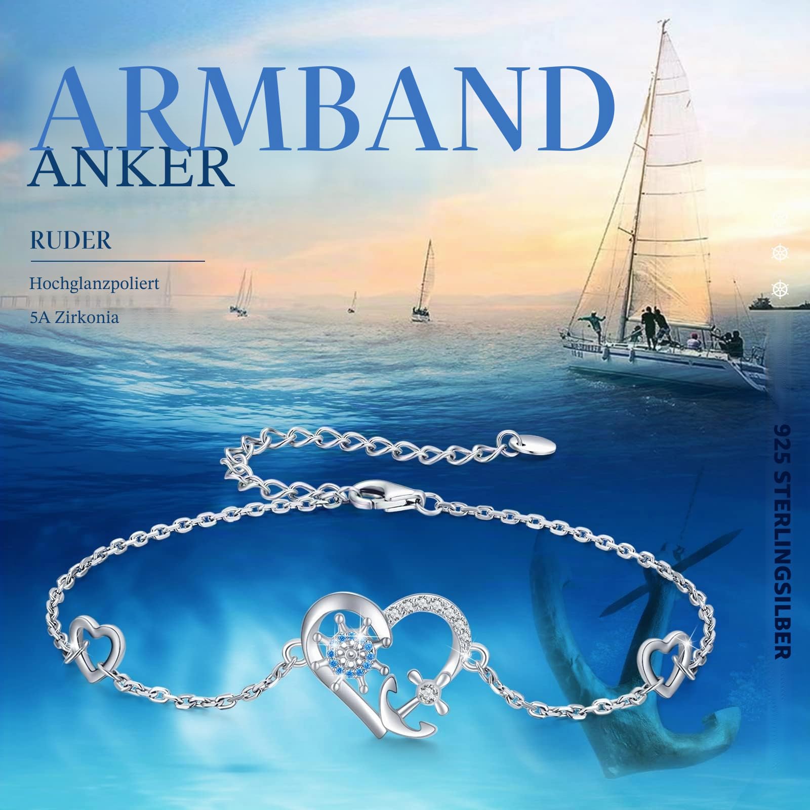 OHAYOO Anker Armband 925 Sterling Silber Anker Fußkettchen Herz Ruder Armkette Fussketten Maritimer Schmuck Geschenk für Frauen Damen