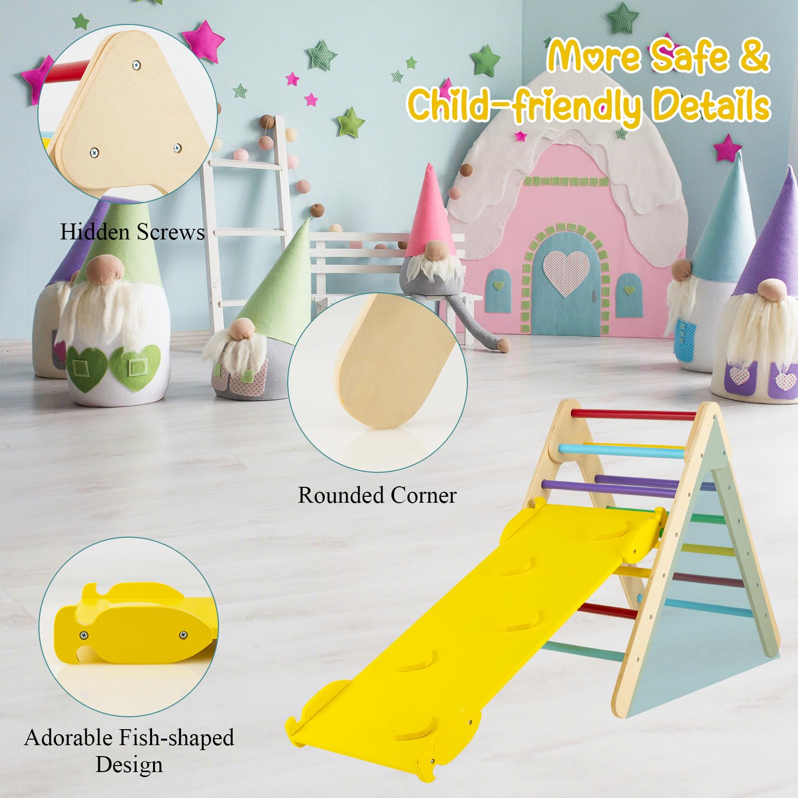 HOMASIS 5-en-1 Aire D’escalade Montessori – Triangle Pikler Pliable, Rampe Toboggan Réversible, échelle, Bascule, Bois Naturel, 60 Kg – Dès 3 Ans