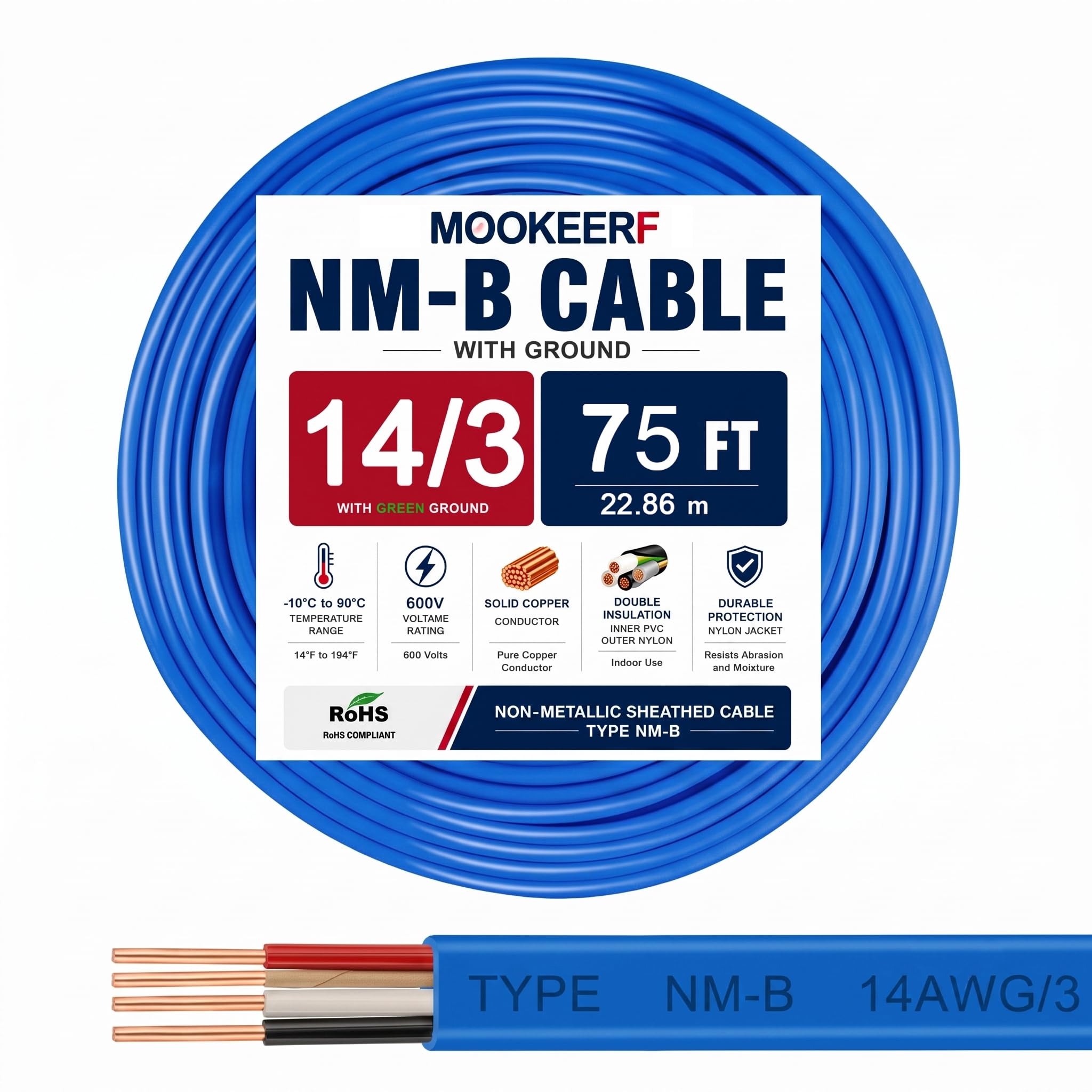 Cable 14/3 con tierra, calibre 14 NM-B, cable forrado no metálico, cobre puro 14 AWG, 3 conductores, para tomas de corriente, interruptores, otras cargas y proyectos de cableado de iluminación (azul)
