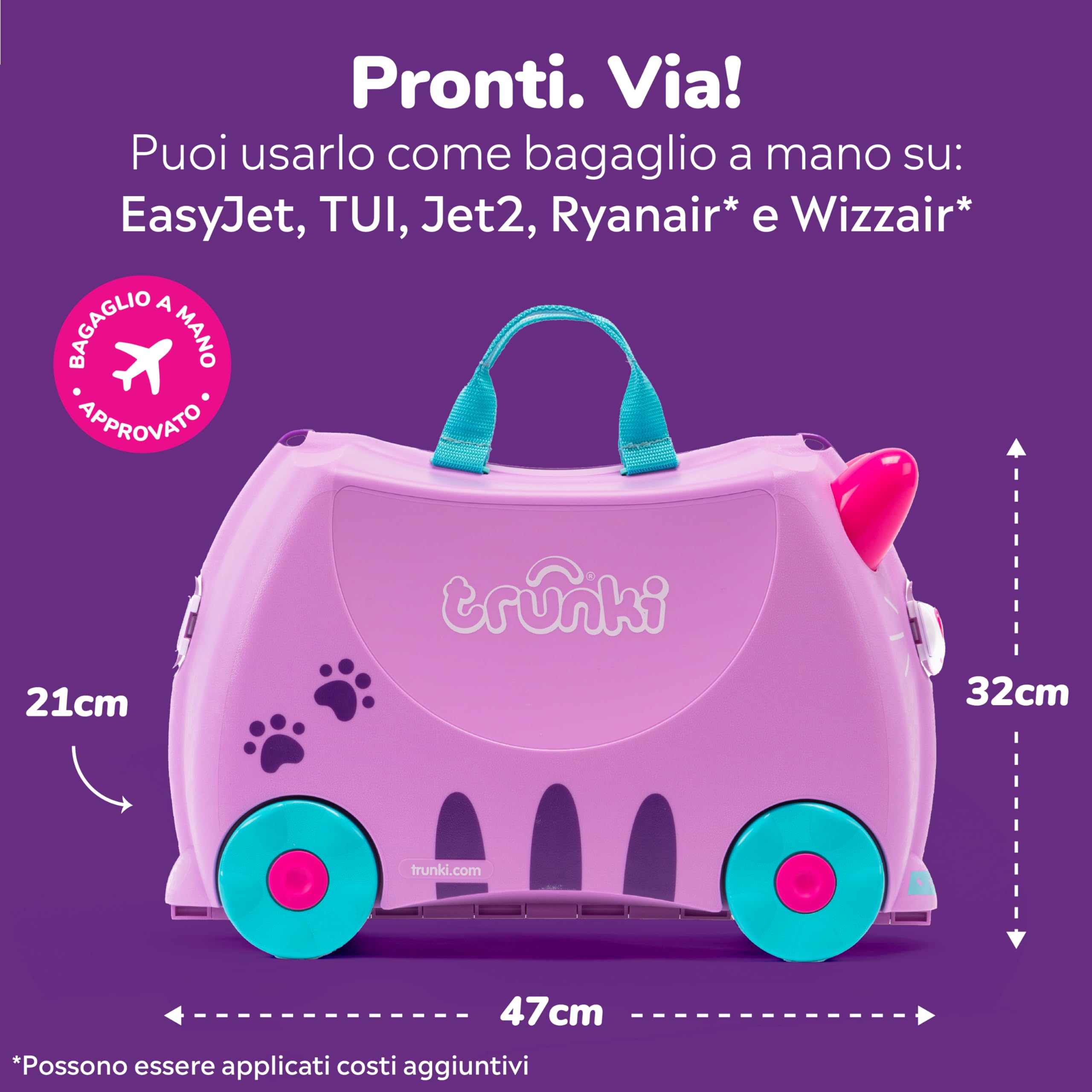 Trunki Valigia Cavalcabile per Bambini – Trolley Bambini Bagaglio a Mano – Valigia Cavalcabile Cassie Gatta (Lilla)
