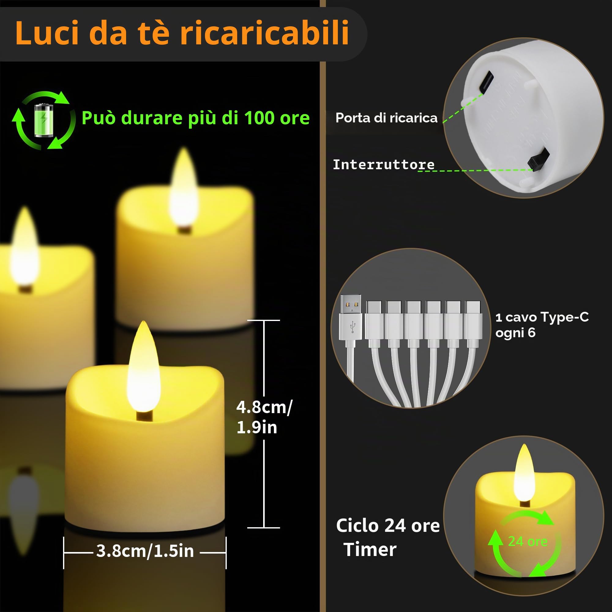 daphomeu Candele LED Ricaricabili Con Telecomando 6 Pezzi, Senza Fiamma, Con Funzione Timer, Simulazione, Candele Elettriche, Per Matrimonio, Festa, Halloween, Natale, Decorazione Della Casa