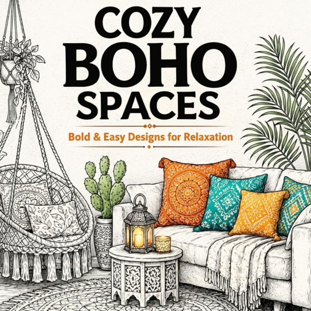 Cozy Boho Spaces: Coloring Book for Adults: Bold & Easy Relaxing Home Interiors for Stress Relief
