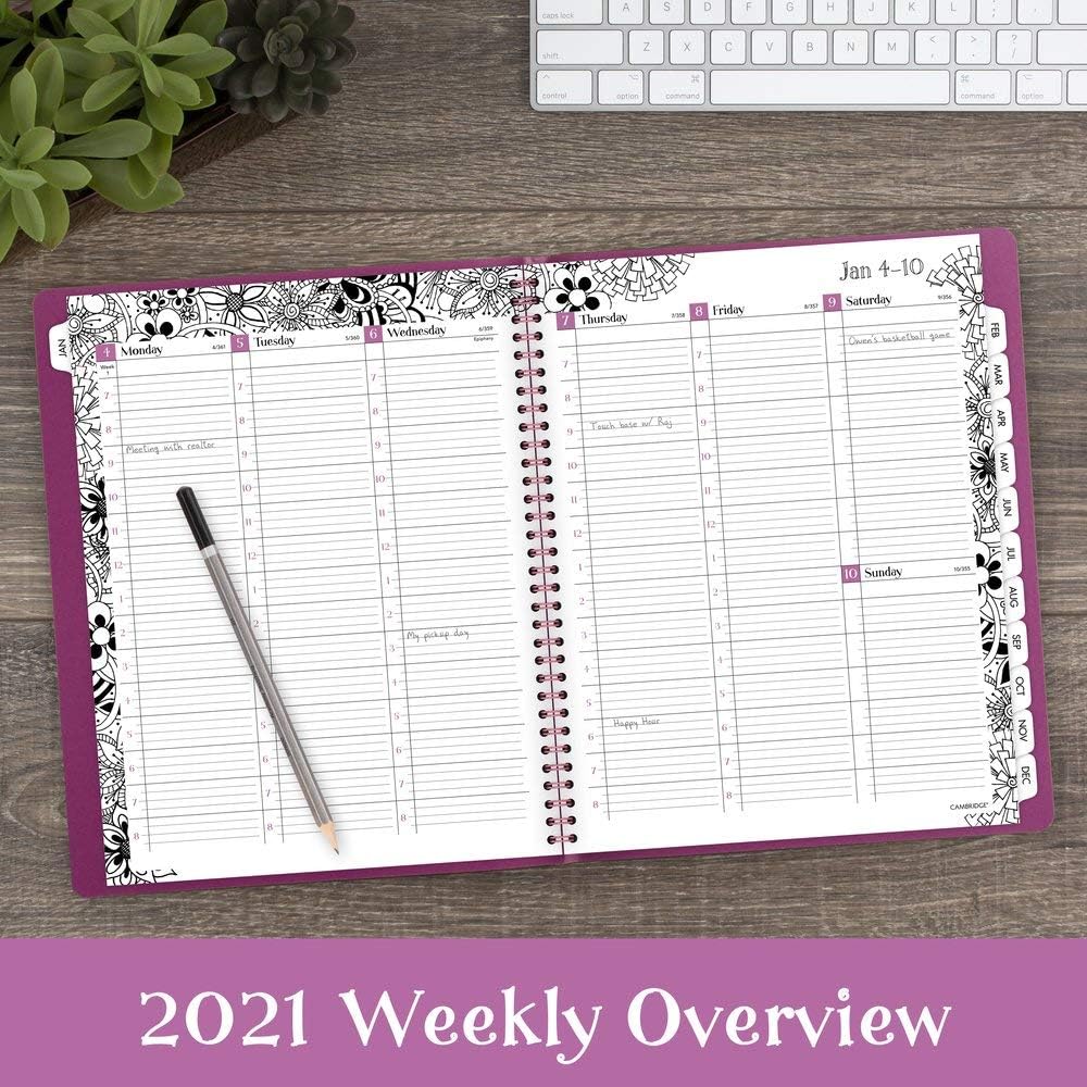 Cambridge 2021 Weekly & Monthly Planner by Cambridge, 8-1/2" x 11", Large, Premium, FloraDoodle, Black/White (589-905-21)