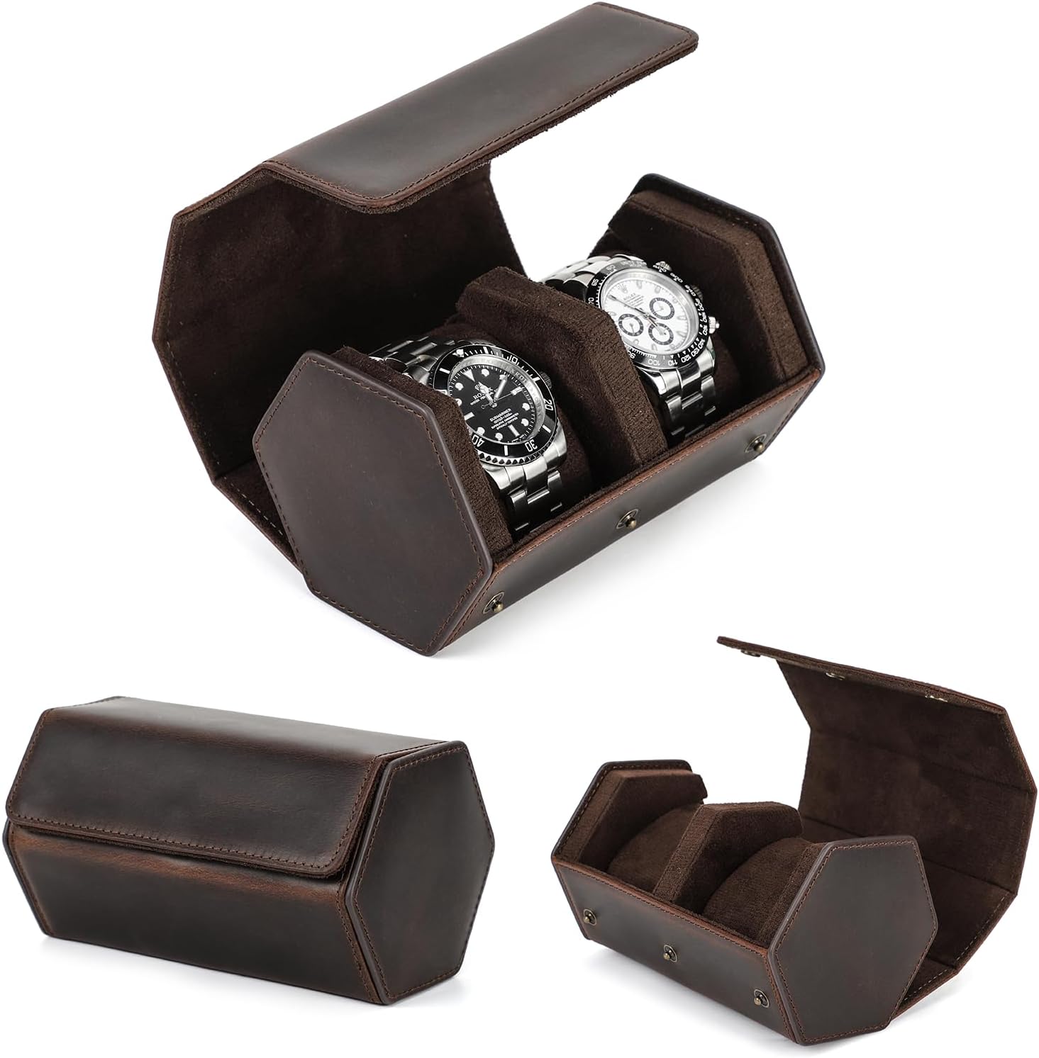 JUNENTER トップグレイン本革六角形腕時計オーガナイザーケース 男女