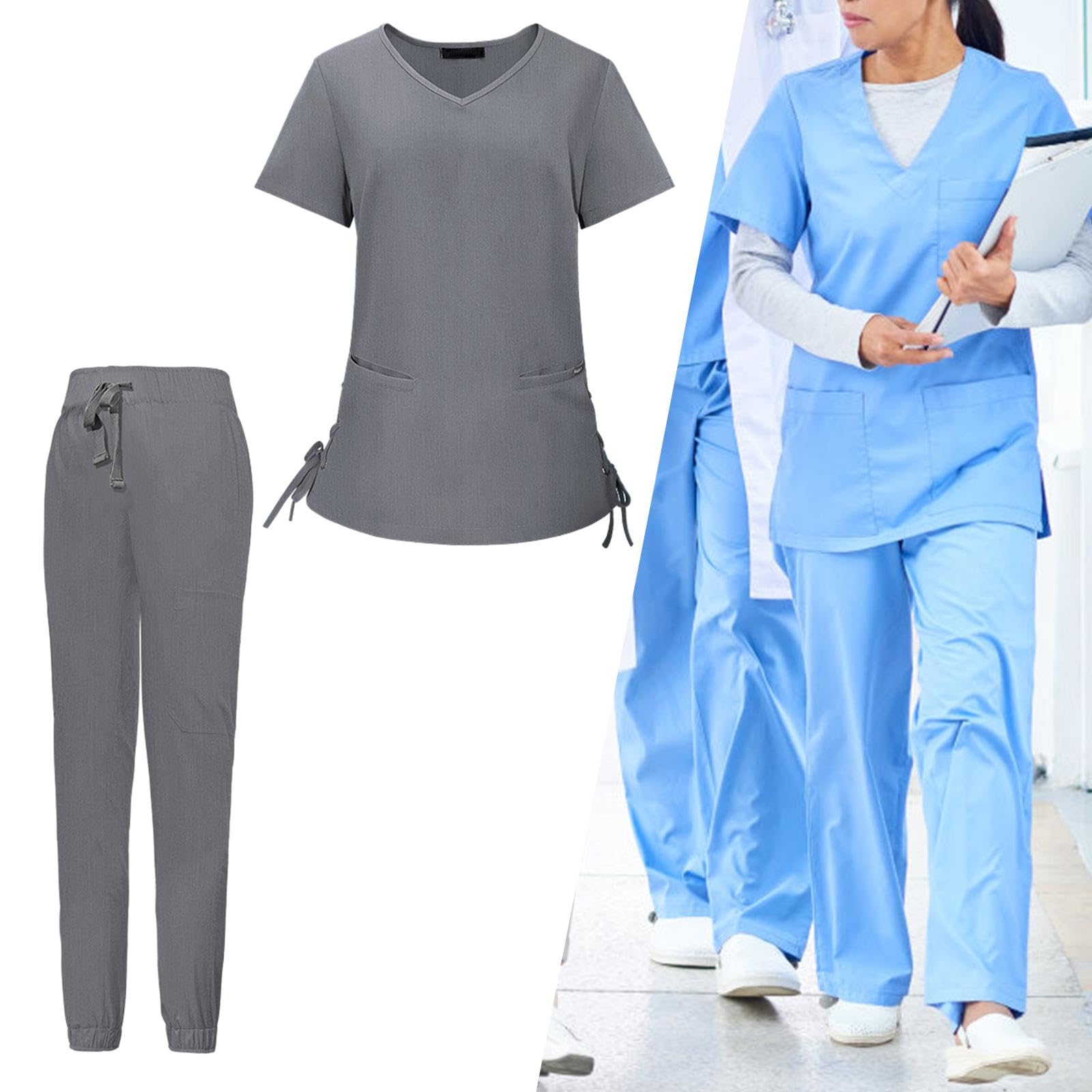 kowaku Set Scrub da Donna Divise da Lavoro da Infermiera Abbigliamento da Lavoro Scollo a Pantaloni da Jogger Eleganti Morbidi e Resistenti alle, Grigio M