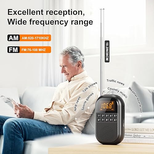Miniatura 2 de Radio AM FM de bolsillo radio recargable de 1100 mAh compatible con Bluetooth, mini receptor FM AM con altavoz grande, auriculares estéreo,